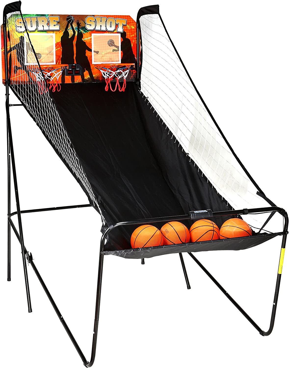 Hathaway Sure Shot Dual Electronic Basketball Arcade Game with Electronic Digital Scoring and Timer, Easy Folding for Storage, 4 Balls and 2 Nets, Black/Orange