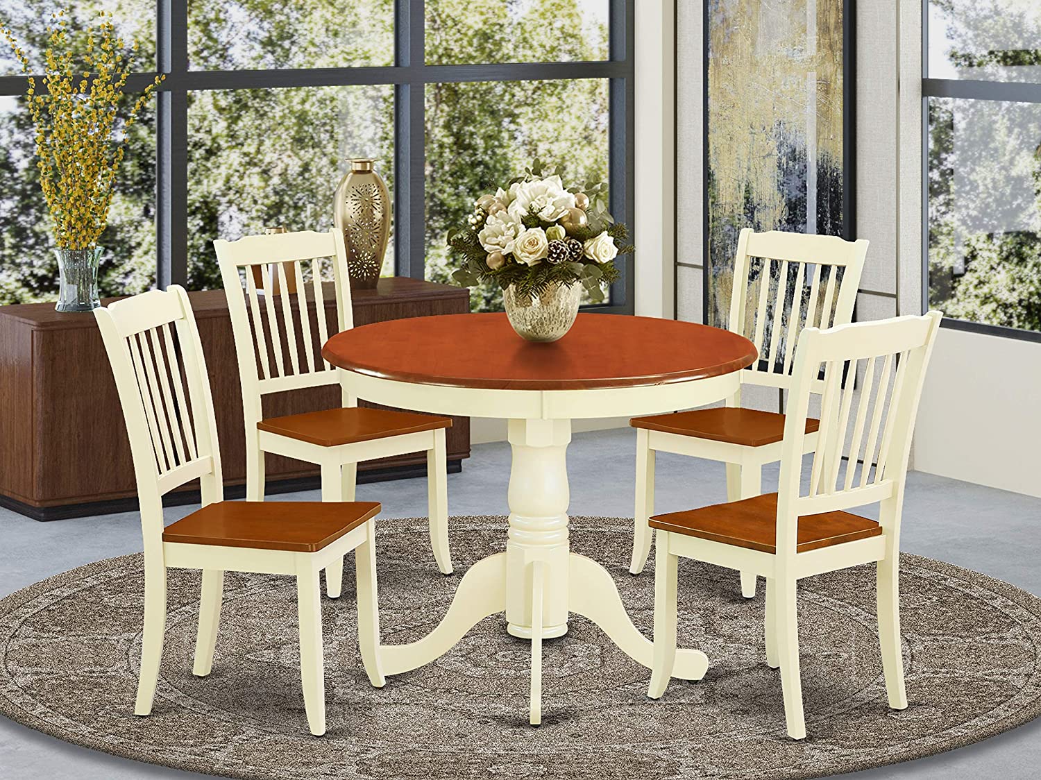 East West Furniture 5PC Round 36 inch Table and 4 vertical slatted Chairs, Buttermilk &amp; Cherry