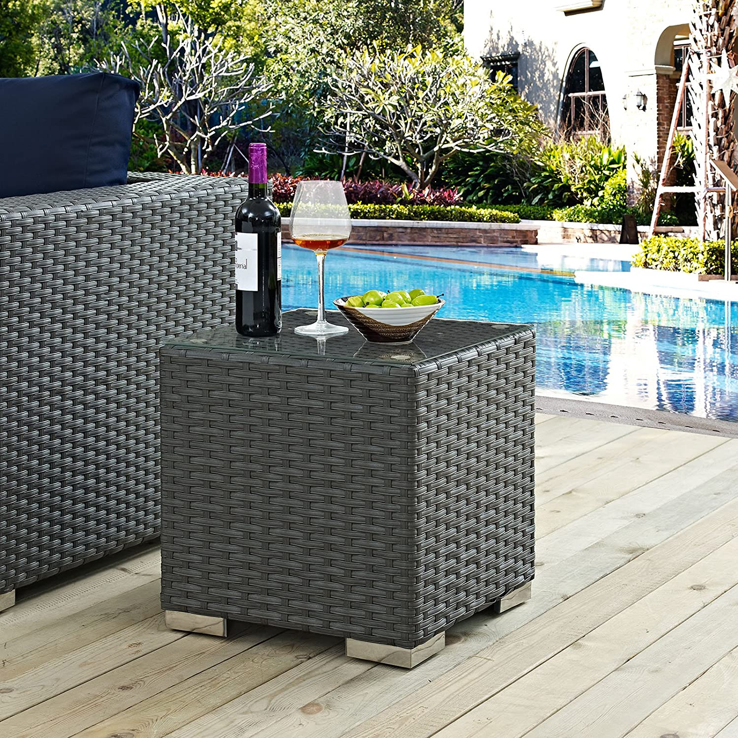 Modway Sojourn Wicker Rattan Outdoor Patio Side End Table in Chocolate
