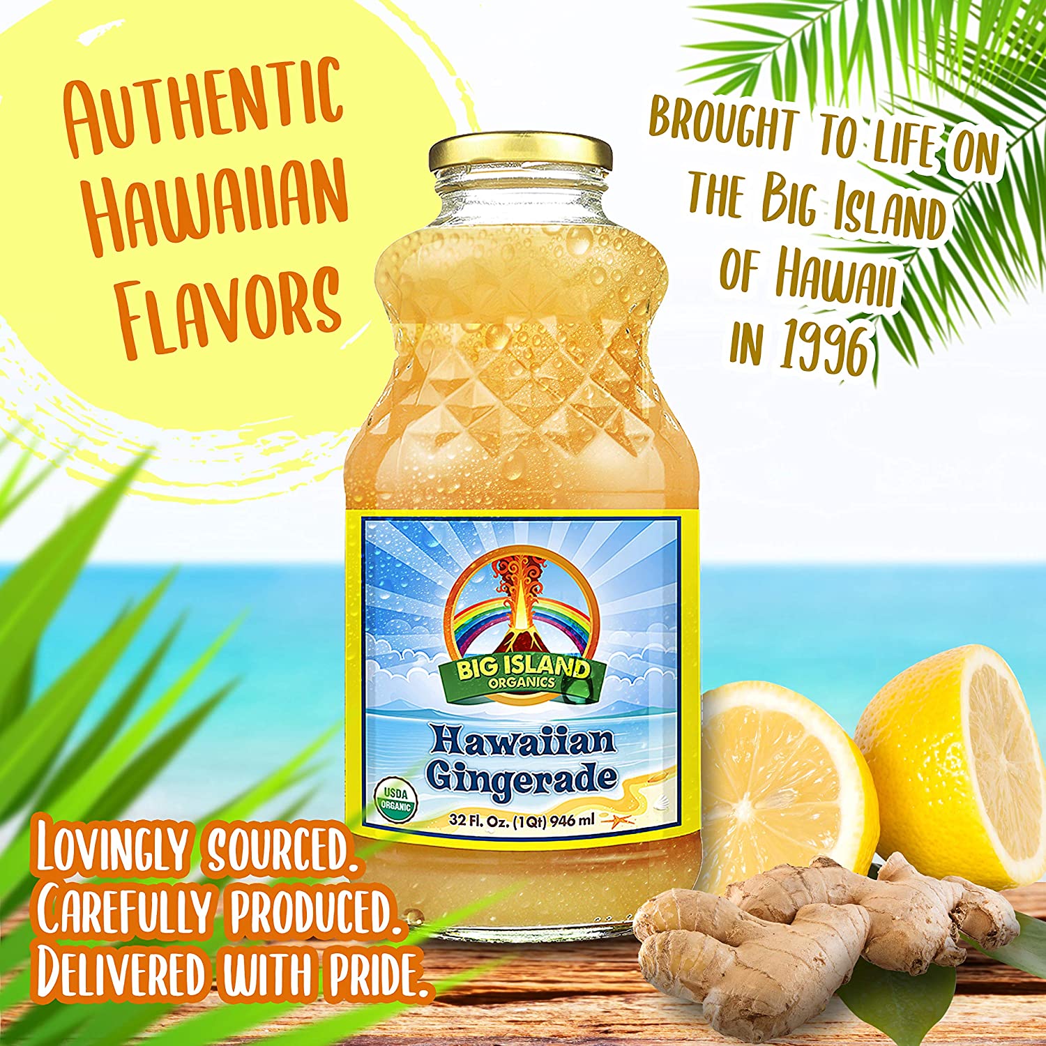 Big Island Organics Hawaiian Gingerade Made with 100% USDA Organic Ginger Juice &amp; Lemon Juice Natural Remedy with Fresh Ginger Juice 32 oz (Single Bottle)