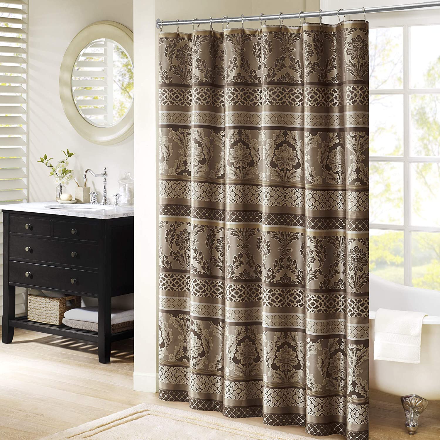 Bellagio Taupe Shower Curtain , Transitional Shower Curtains for Bathroom , 72 X 72 , Beige