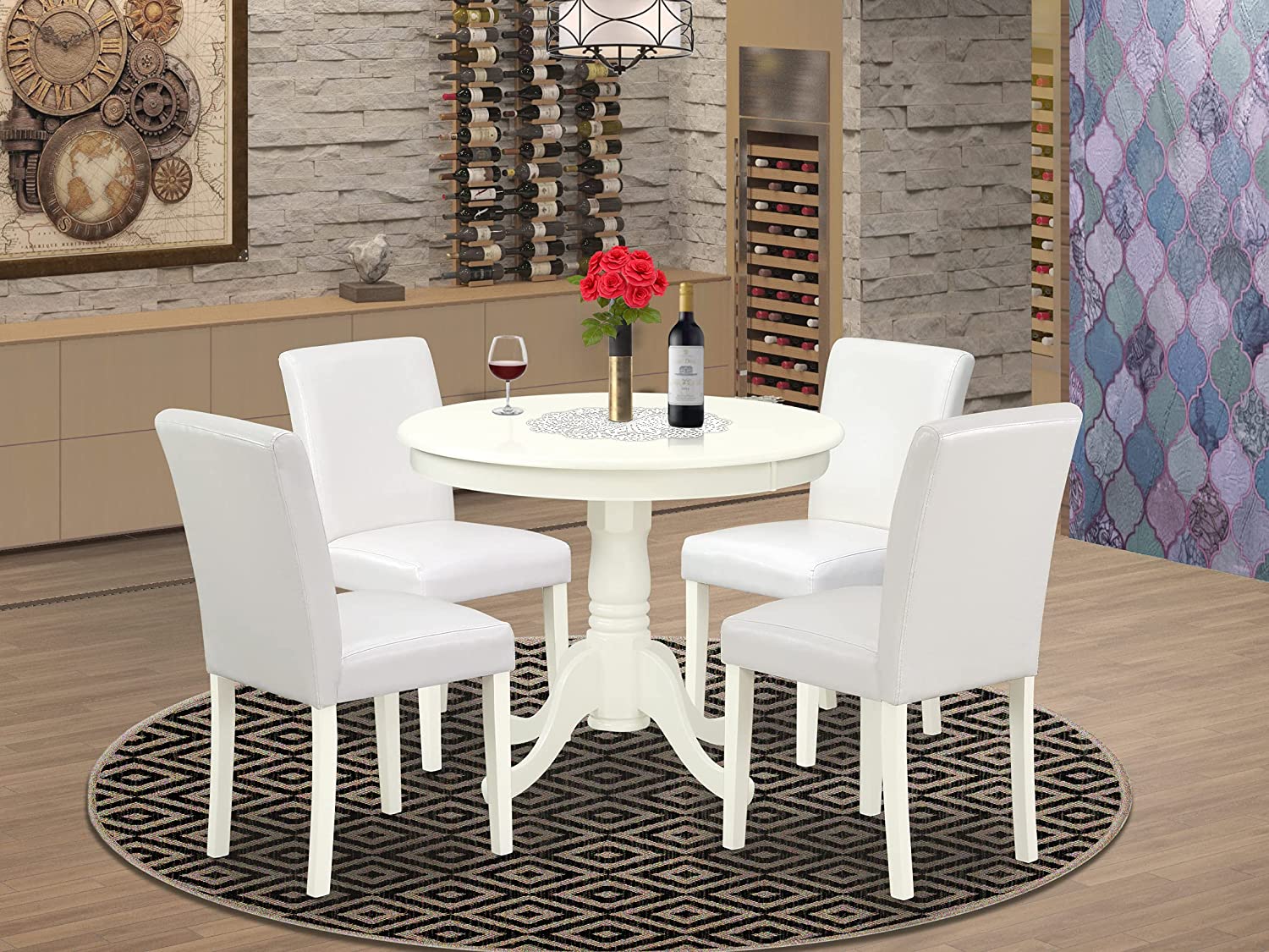 East West Furniture 5Pc Round 36&#34; Table and 4 Parson Chair with Linen Leg and Pu Leather Color White