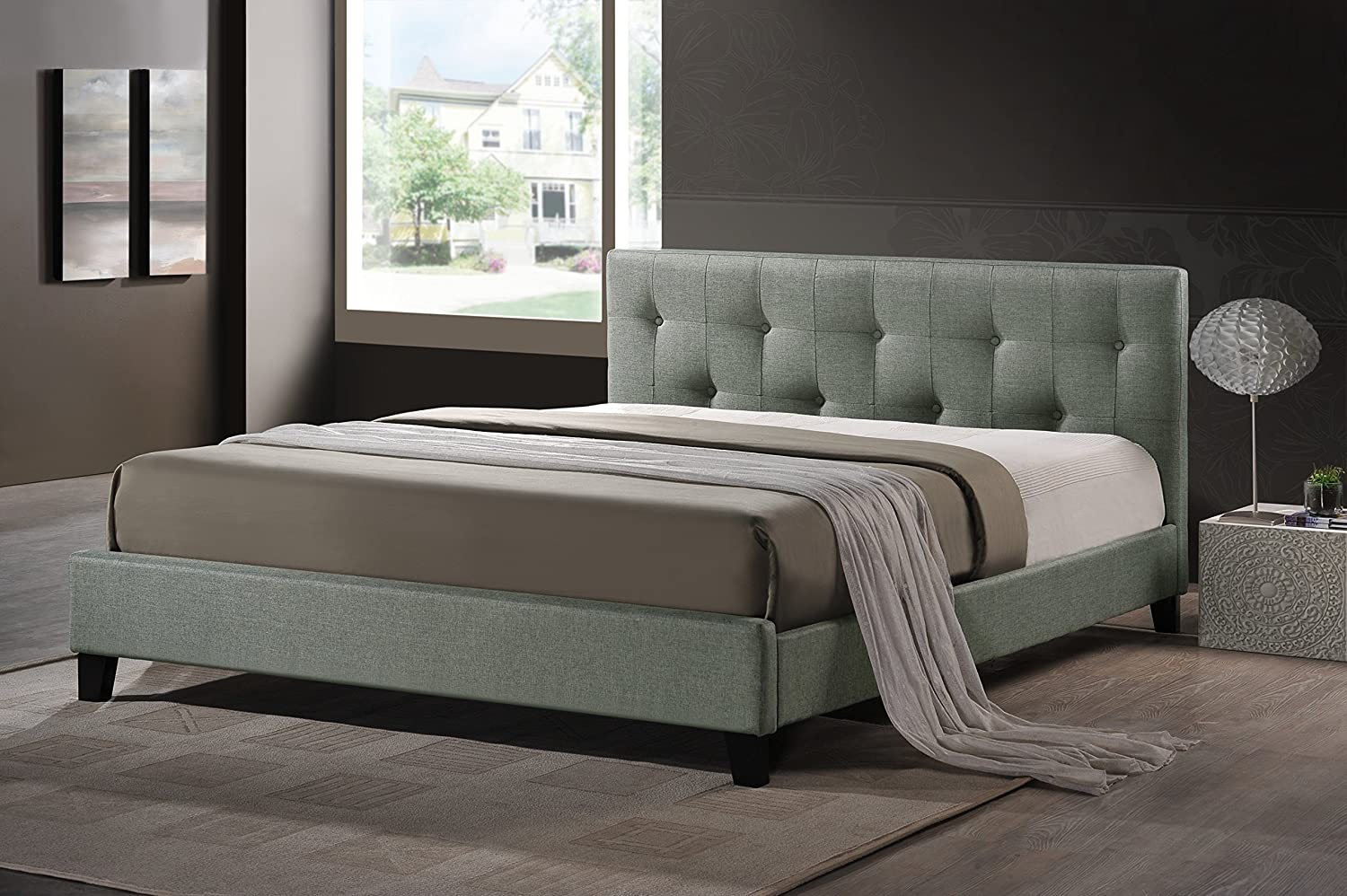 Baxton Studio Annette Gray Linen Modern Bed with Upholstered Headboard - Full Size