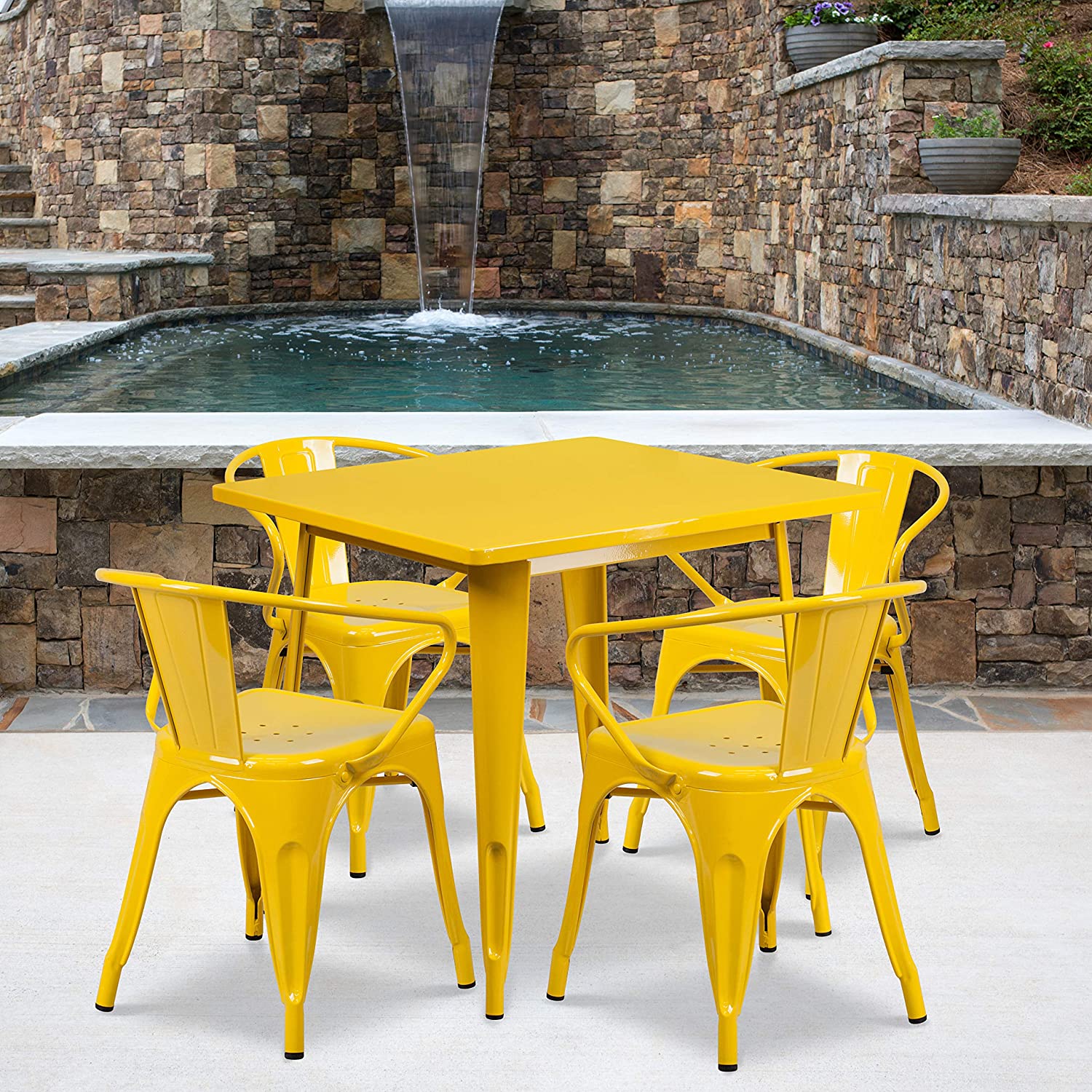 Flash Furniture Commercial Grade 31.5&#34; Square Yellow Metal Indoor-Outdoor Table Set with 4 Arm Chairs