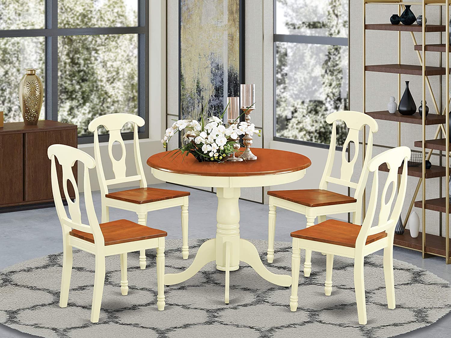 East West Furniture Dining Table Set- 4 Wonderful Wood Chairs - A Lovely Dining Room Table- Wooden Seat- Cherry and Buttermilk Dining Table