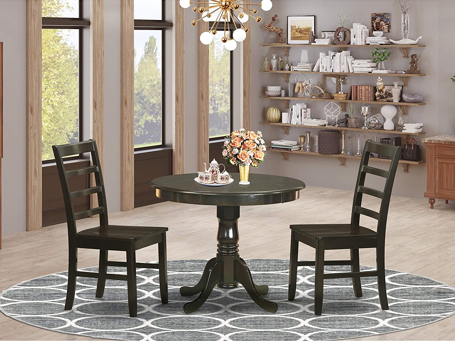 East West Furniture Dinette Set- 2 Fantastic Chairs for Dining Room - A Wonderful Round Wooden Dining Table- Wooden Seat and Cappuccino Pedestal Dining Table