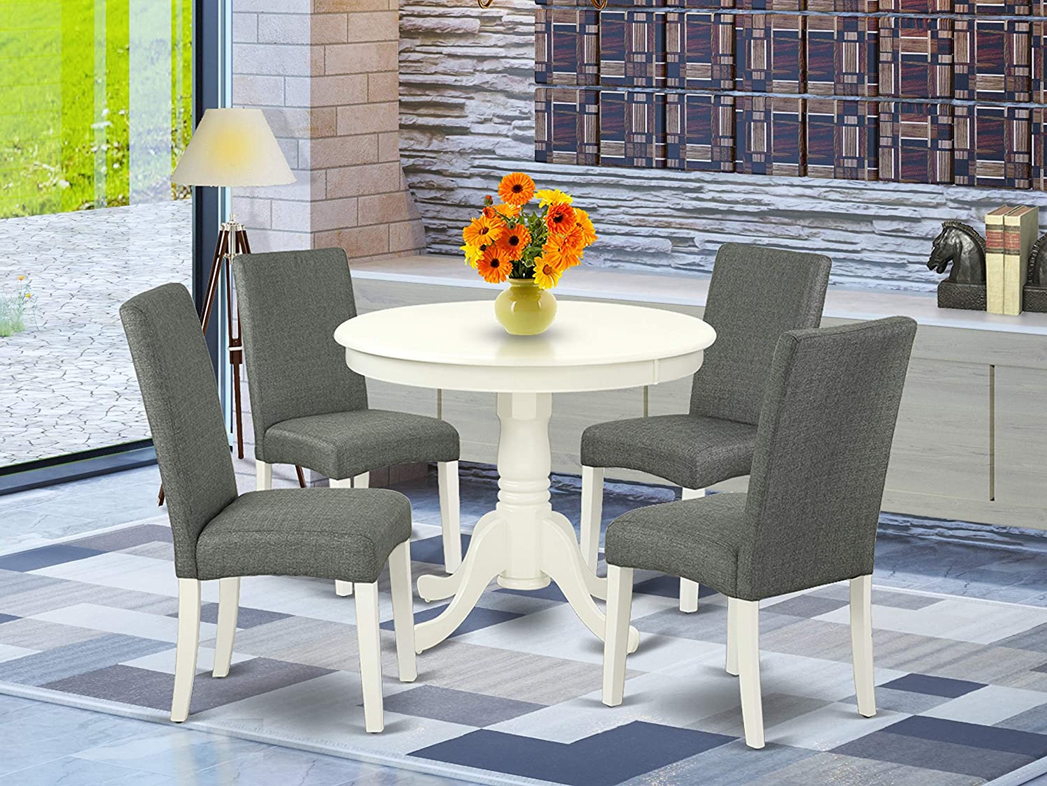 East West Furniture ANDR5-LWH-07 Wood Dinette Set 5 Pc - Grey Linen Fabric Parsons Chairs - Linen White Finish Solid Wood Pedestal Mid century Dining Table and Frame