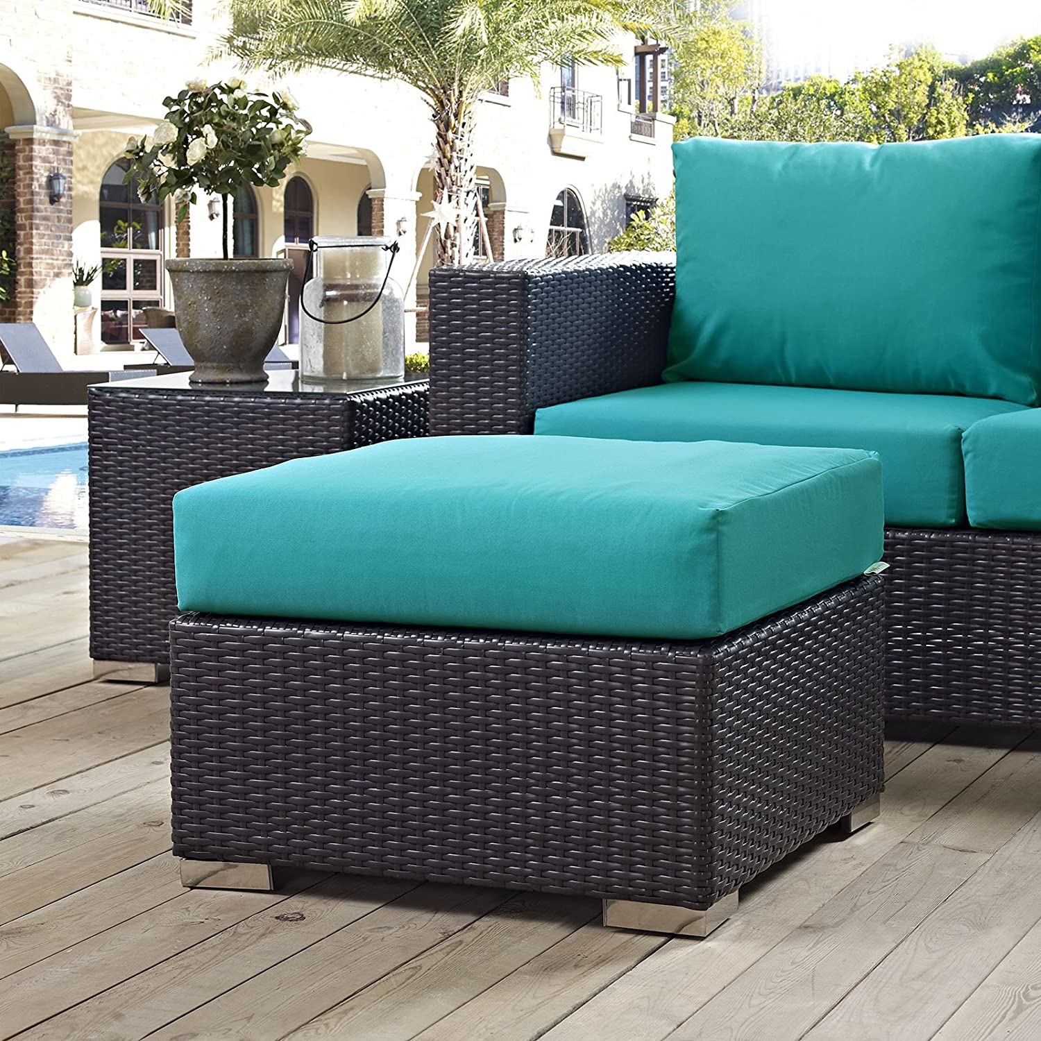 Modway Convene Wicker Rattan Outdoor Patio Square Ottoman in Espresso Turquoise