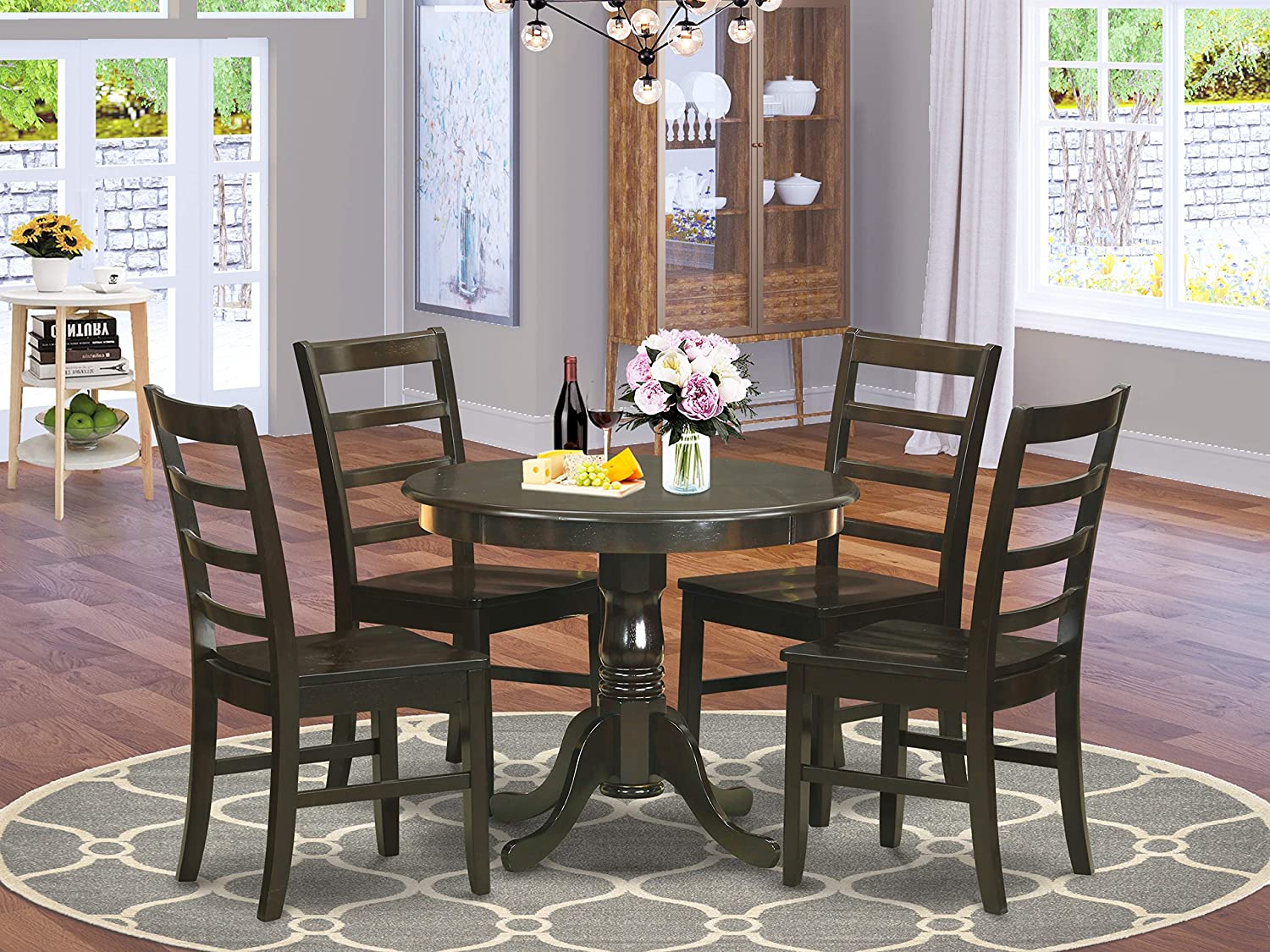 East West Furniture Kitchen Dining Table Set- 4 Fantastic Kitchen Chairs - A Beautiful Round Wooden Table- Wooden Seat and Cappuccino Wood Dining Table