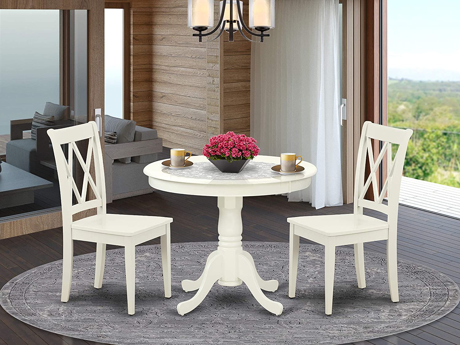 East West Furniture 5Pc Dining Set Includes a Round Dinette Table and Four Double X Back Microfiber Seat Kitchen Chairs, Linen White Finish