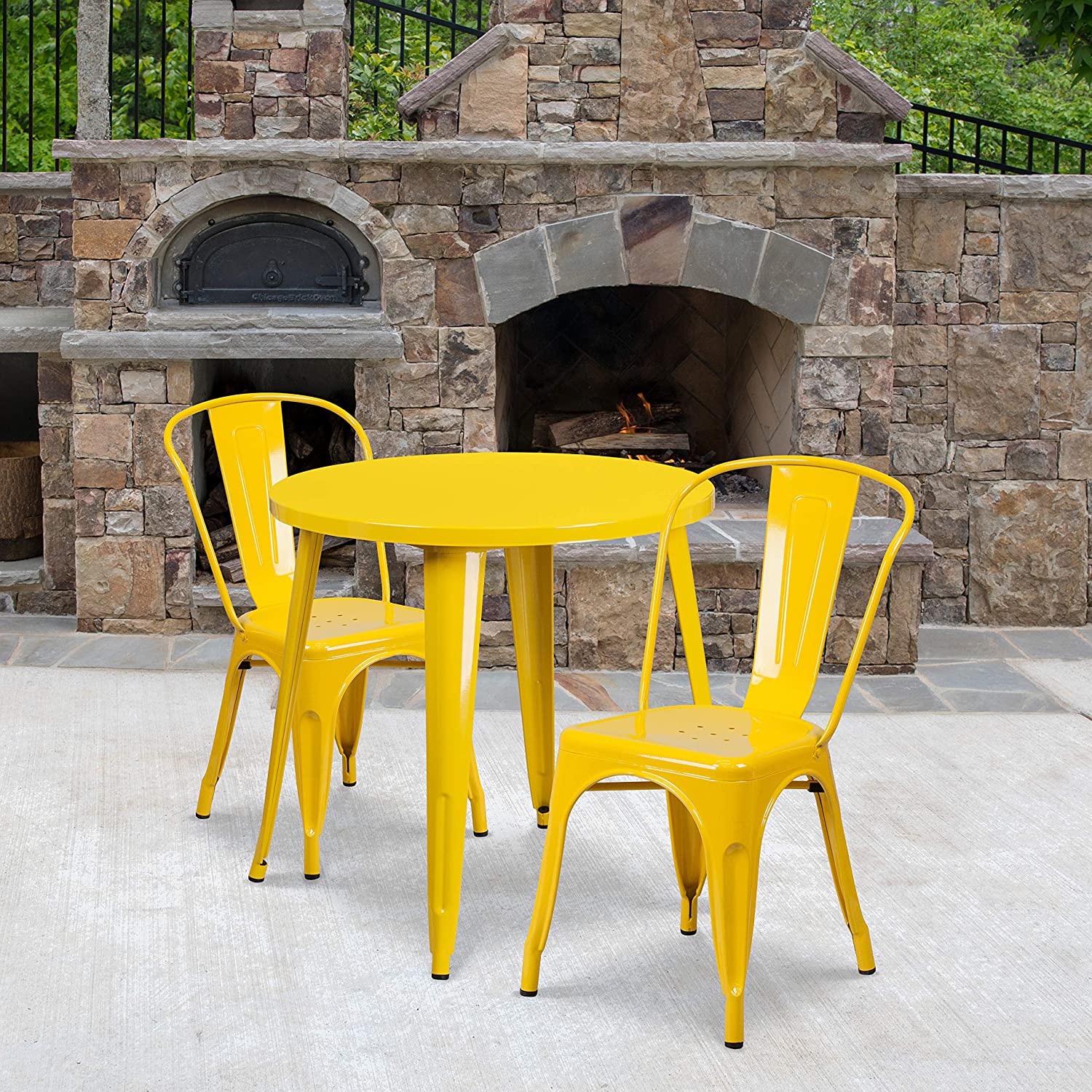 Flash Furniture Commercial Grade 30&#34; Round Yellow Metal Indoor-Outdoor Table Set with 2 Cafe Chairs