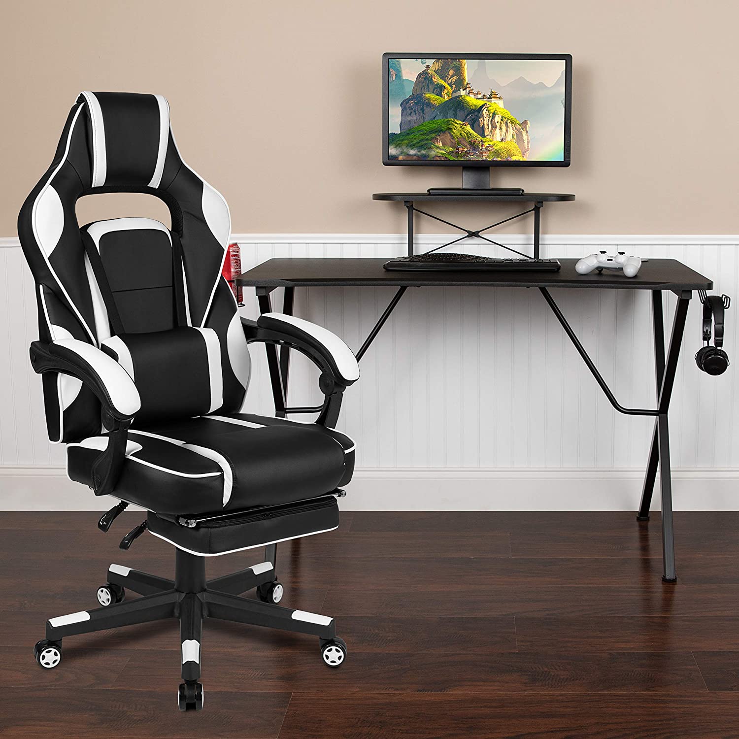 Flash Furniture Black Gaming Desk with Cup Holder/Headphone Hook/Monitor Stand &amp; White Reclining Back/Arms Gaming Chair with Footrest