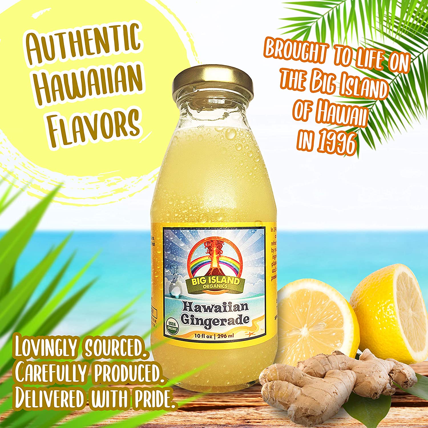 Big Island Organics Hawaiian Gingerade Made with 100% USDA Organic Ginger Juice &amp; Lemon Juice Natural Remedy with Fresh Ginger Juice 10 oz (12 pack)