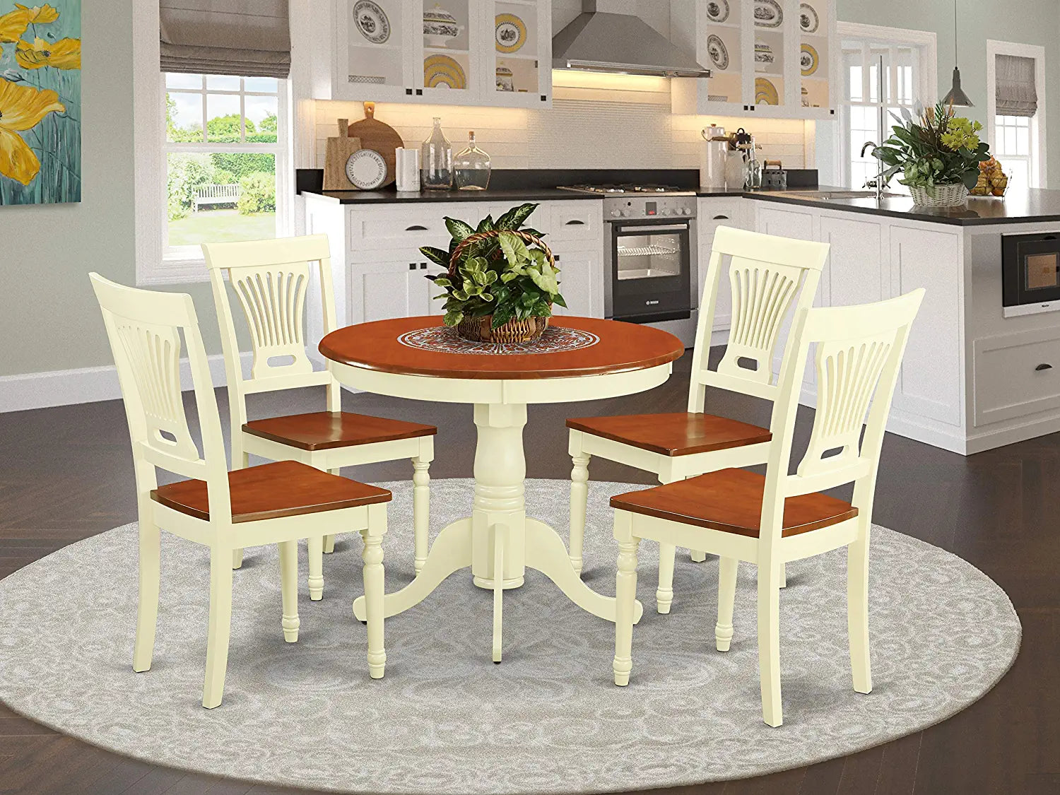 East West Furniture Wooden Dining Table Set- 4 Fantastic Dining Chairs - A Beautiful Dining Room Table- Wooden Seat- Cherry and Buttermilk Round Kitchen Table