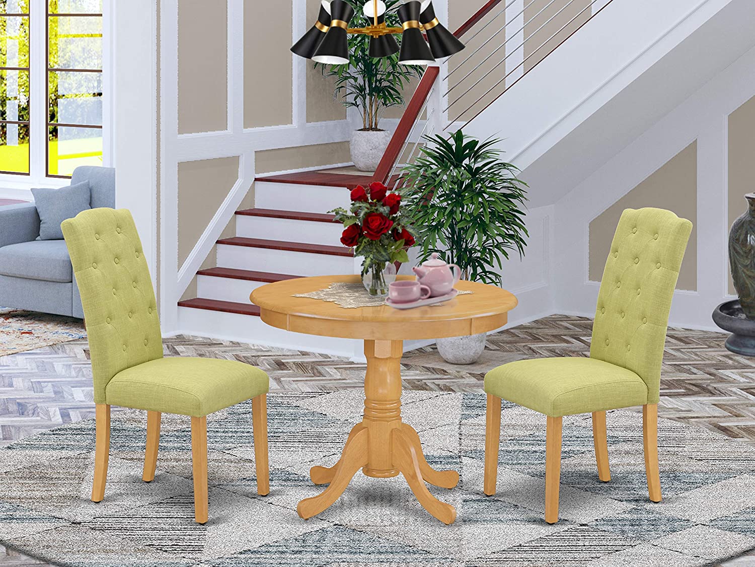 East West Furniture 5Pc Dining Set Includes a Small Round Dinette Table and Four Parson Chairs with Lime Green Fabric, Oak Finish