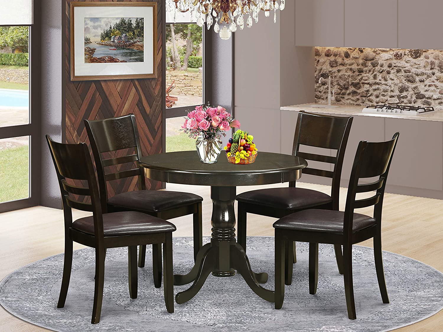 East West Furniture Dining Table Set- 4 Great Wood Dining Chairs - A Beautiful Round Wooden Dining Table- Faux Leather Seat and Cappuccino Finish Modern Dining Table