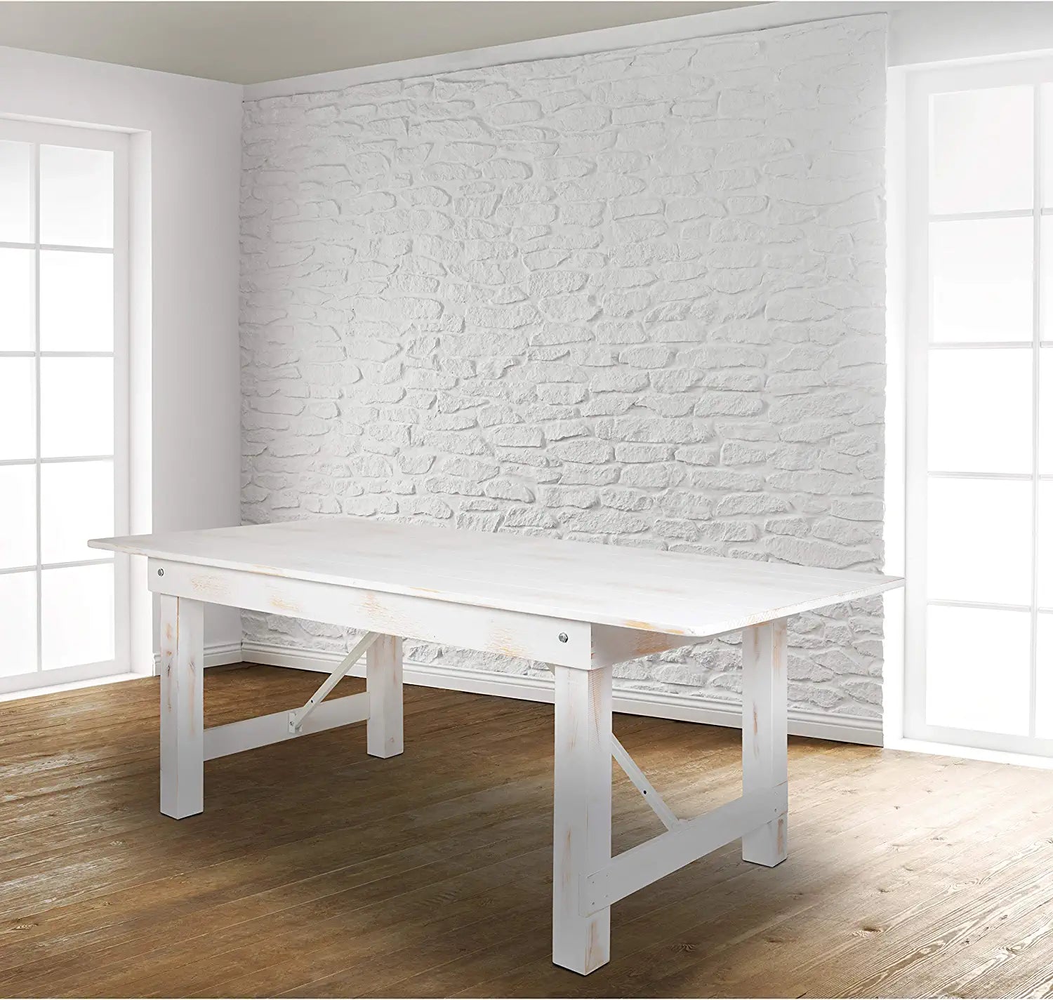 Flash Furniture HERCULES Series 8&#39; x 40&#34; Rectangular Antique Rustic White Solid Pine Folding Farm Table