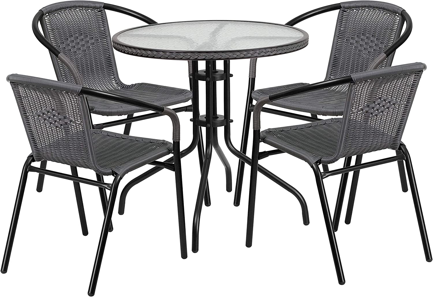 Flash Furniture 28&#39;&#39; Round Glass Metal Table with Gray Rattan Edging and 4 Gray Rattan Stack Chairs