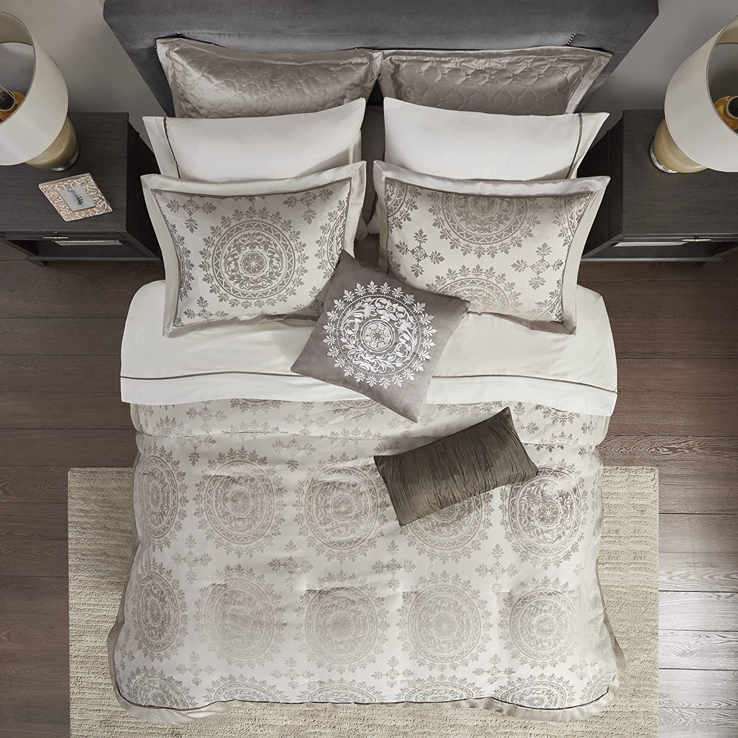 12 Piece Complete Bed Set1 Comforter:106x92 2 Dec Pillows:18x18/6.5x18 1 Fitted Sheet:78x80+14 1 Bedskirt:78x80+15 1 Flat Sheet:110x102 2 King Shams:20x36+2(2) 2 Euro Shams:26x26(2) 2 Pillowcases:20x40(2)TaupeMP10-119