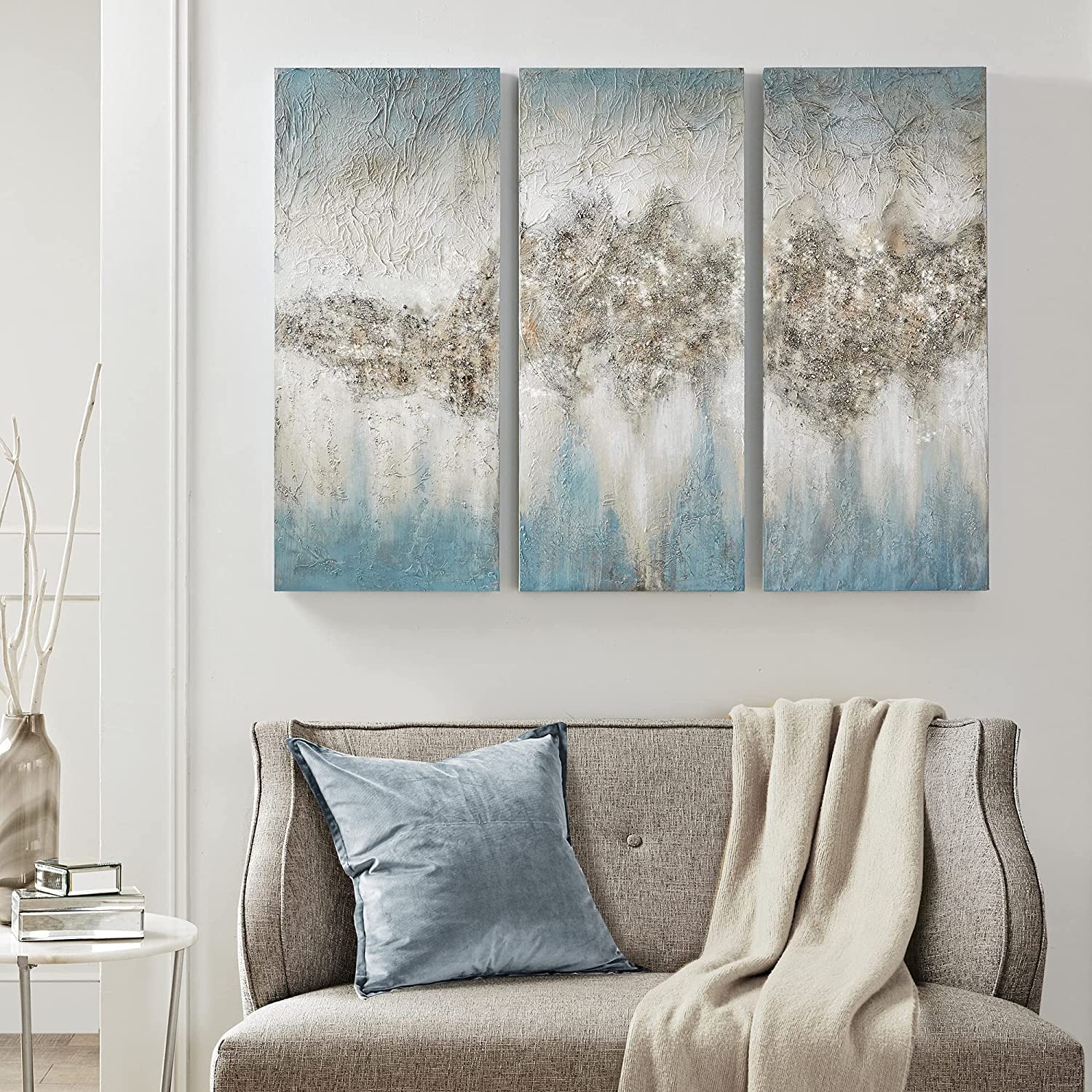 Madison Park Wall Art Living Room D√É∆í√Ç¬©cor - Embellished Hand Painted Canvas, Home Accent Glitter Abstract Bathroom Decoration Ready to Hang Painting for Bedroom, 15&#34;W x 35&#34;H x 1.5&#34;D, Taupe 3 Piece