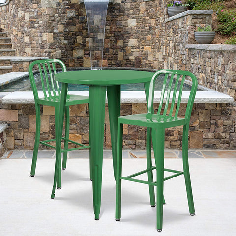 Flash Furniture Commercial Grade 30&#34; Round Green Metal Indoor-Outdoor Bar Table Set with 2 Vertical Slat Back Stools