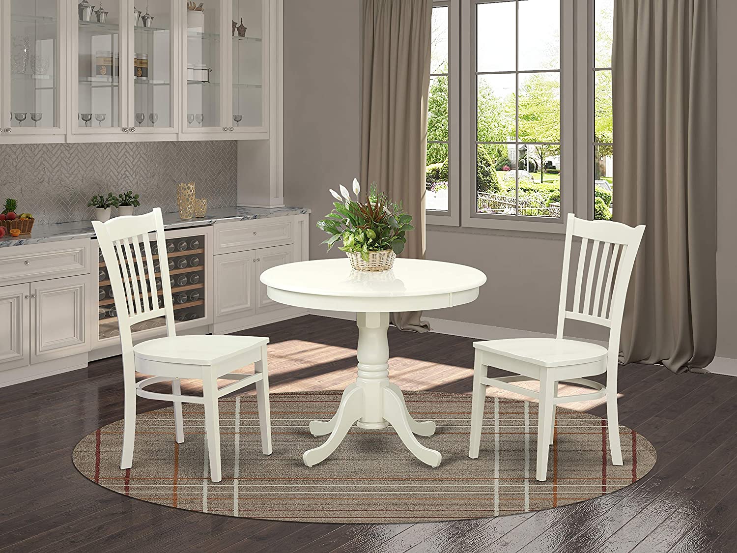 East West Furniture ANGR5-LWH-W Modern Dining Table Set- 4 Excellent Chairs for Dining Room - A Gorgeous Pedestal Dining Table- Wooden Seat and Linen White Dining Table