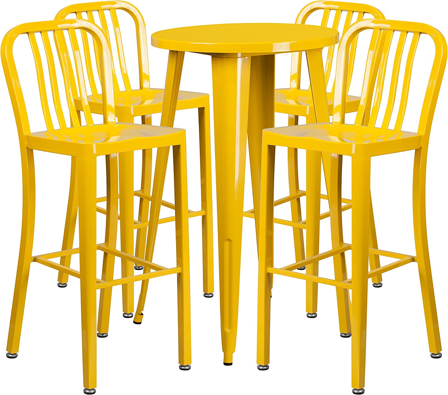 Flash Furniture Commercial Grade 24&#34; Round Yellow Metal Indoor-Outdoor Bar Table Set with 4 Vertical Slat Back Stools