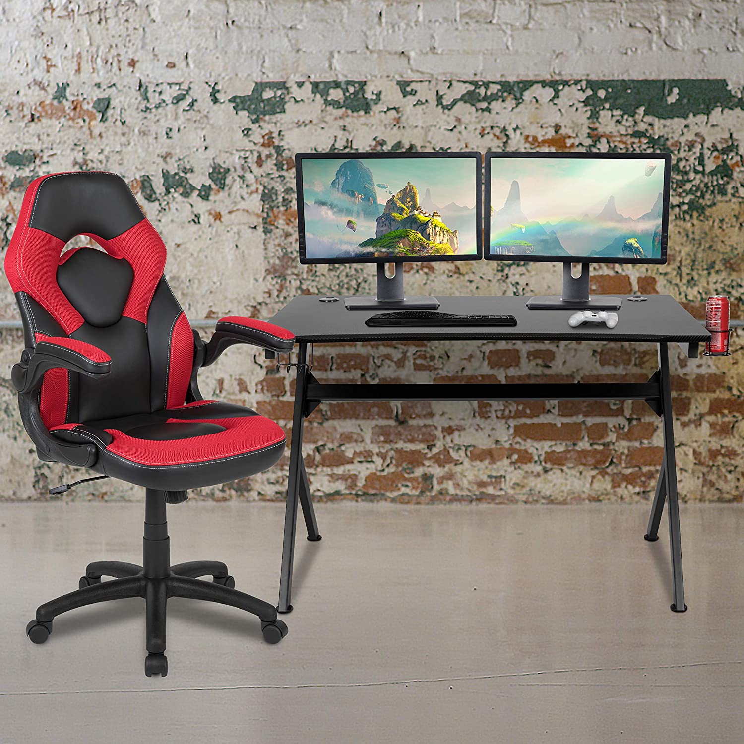 Flash Furniture Black Gaming Desk and Red/Black Racing Chair Set with Cup Holder, Headphone Hook & 2 Wire Management Holes