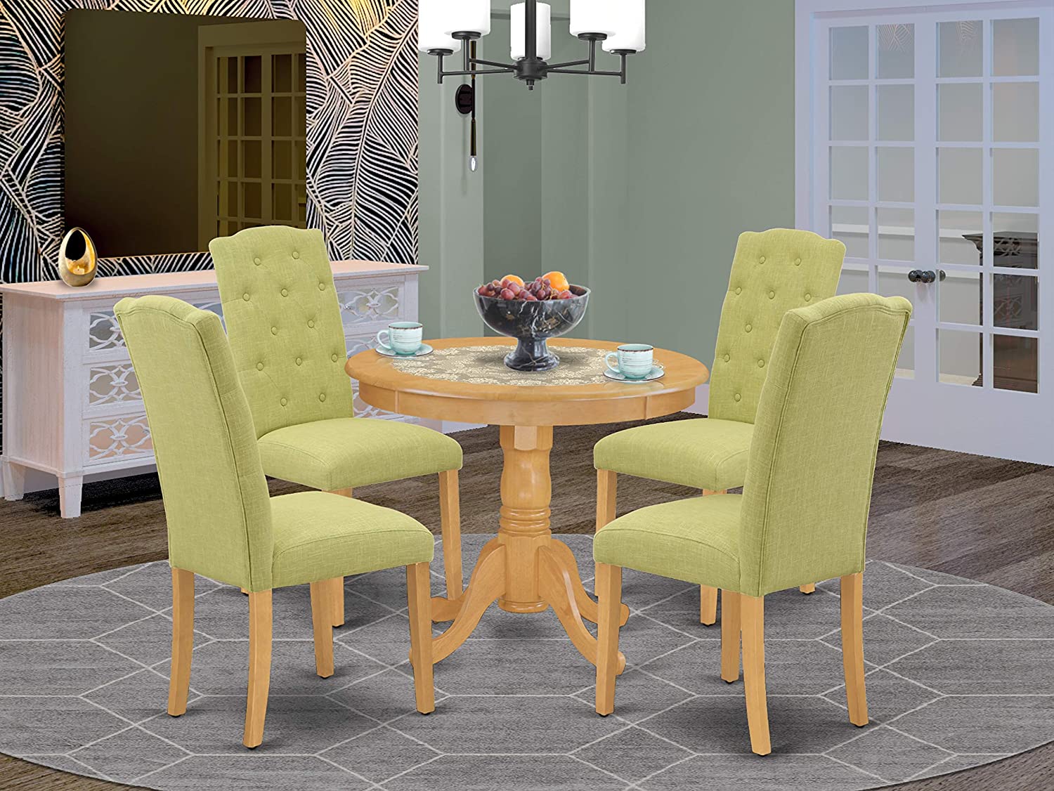 East West Furniture 5Pc Dining Set Includes a Small Round Dinette Table and Four Parson Chairs with Lime Green Fabric, Oak Finish