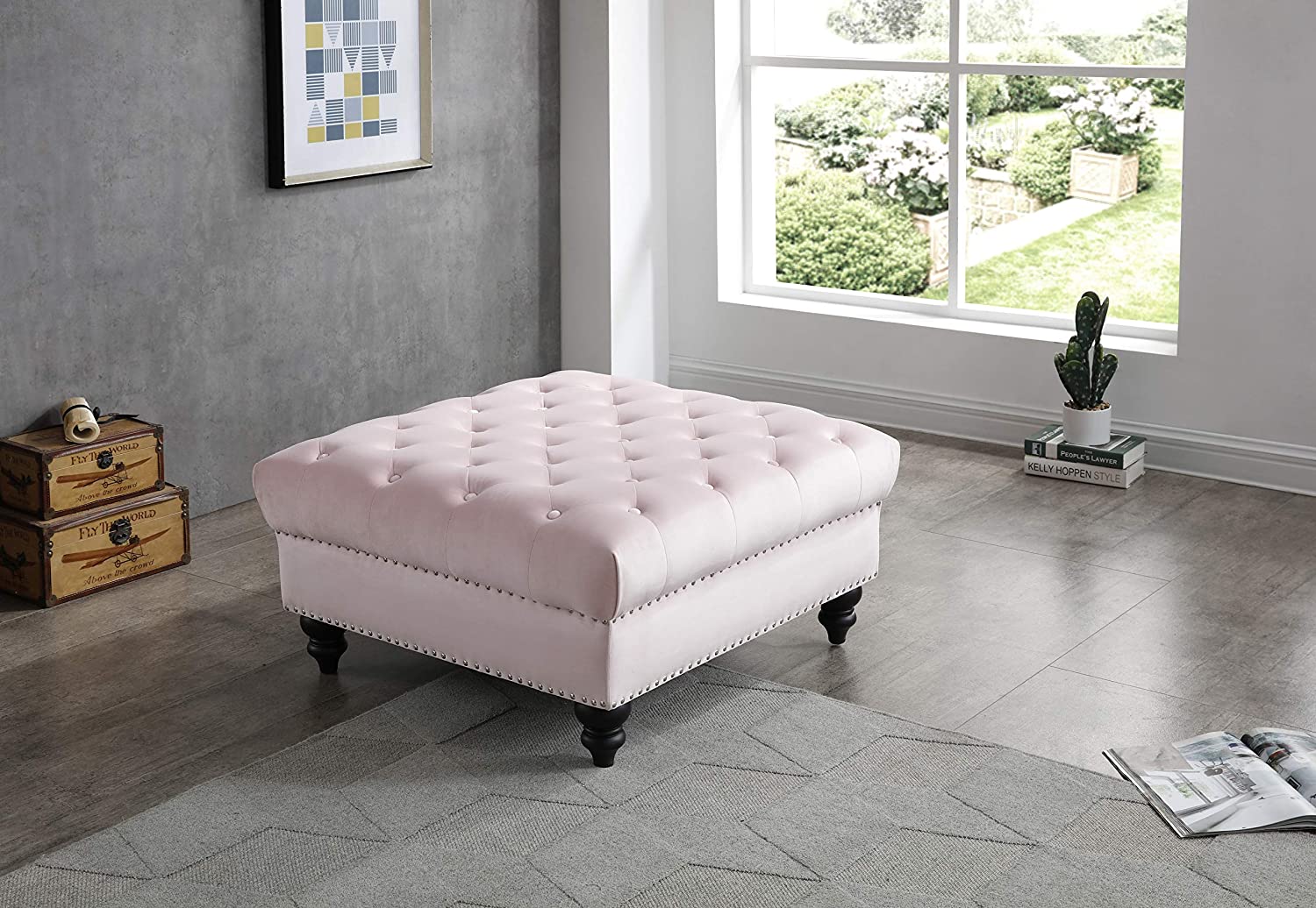 Glory Furniture Nola , Pink Ottoman, 19&#34;H X 35&#34;W X 35&#34;D,