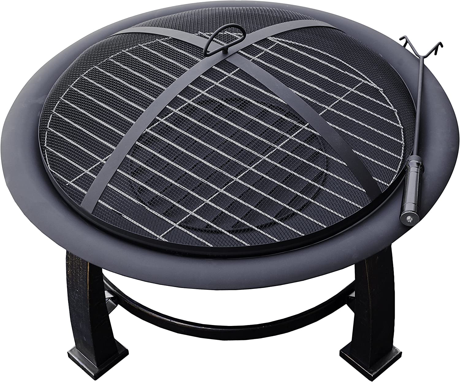 Hiland F FT-235 Wood Burning Fire Pit w/Cooking Grate and Domed Mesh, 30&#34;, Black