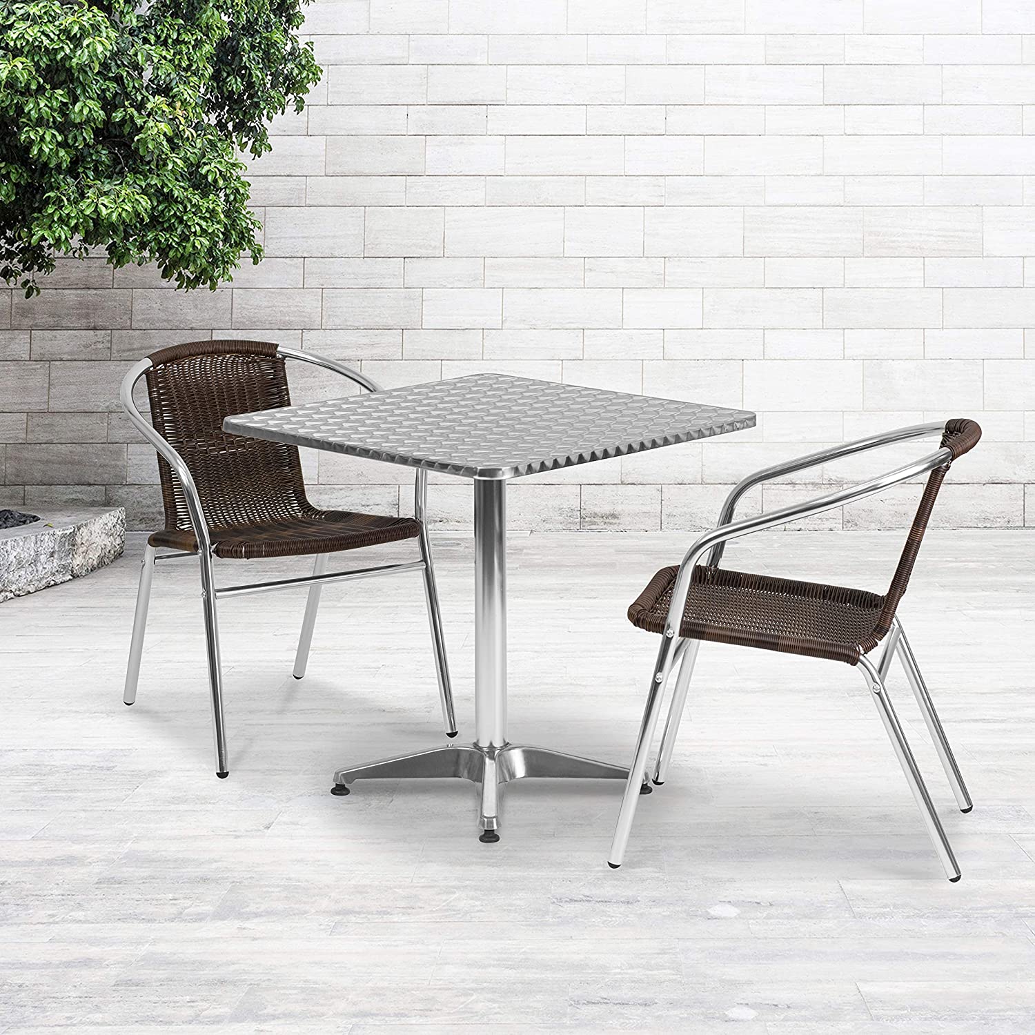 Flash Furniture 27.5&#39;&#39; Square Aluminum Indoor-Outdoor Table Set with 2 Dark Brown Rattan Chairs