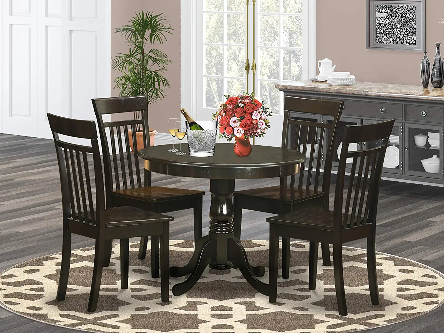 East West Furniture Kitchen Table Set- 4 Great dining room chairs - A Gorgeous Dinner Table- Wooden Seat and Cappuccino Wood Kitchen Table