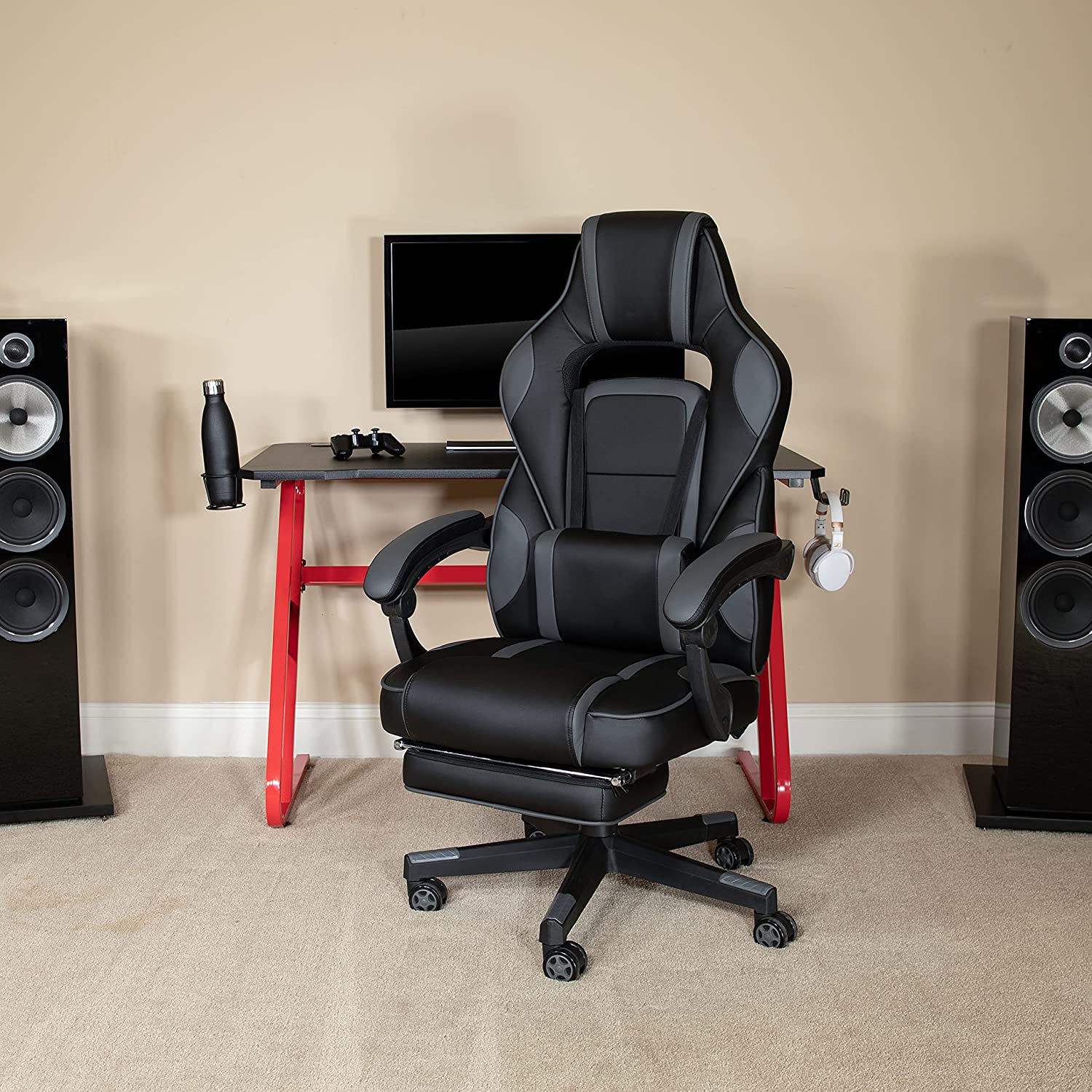 Flash Furniture Red Gaming Desk with Cup Holder/Headphone Hook & Black Reclining Back/Arms Gaming Chair with Footrest