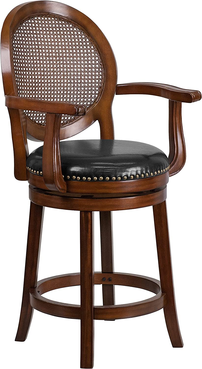 Flash Furniture 26&#39;&#39; High Expresso Wood Counter Height Stool with Arms, Woven Rattan Back and Black LeatherSoft Swivel Seat