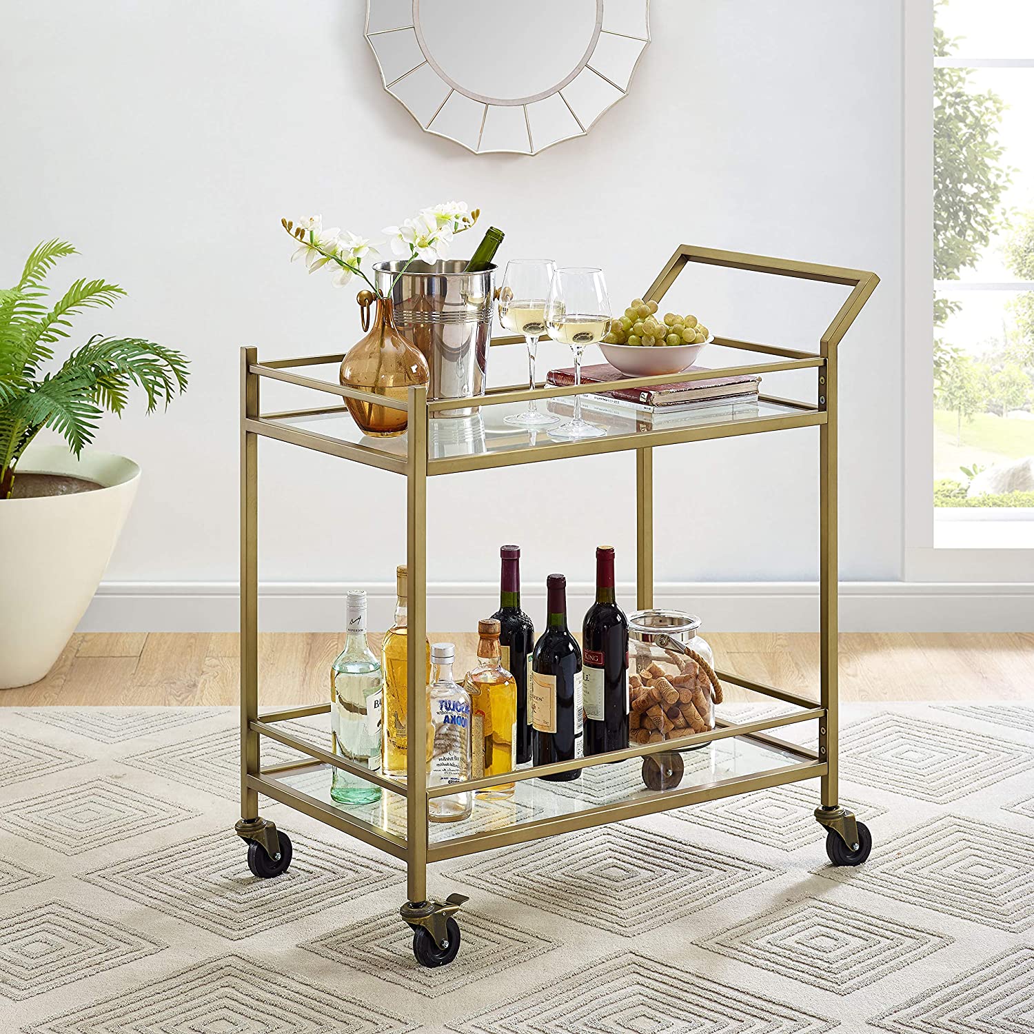 Crosley Furniture Aimee Rolling Bar Cart, Gold and Glass, Model:CF4007-GL