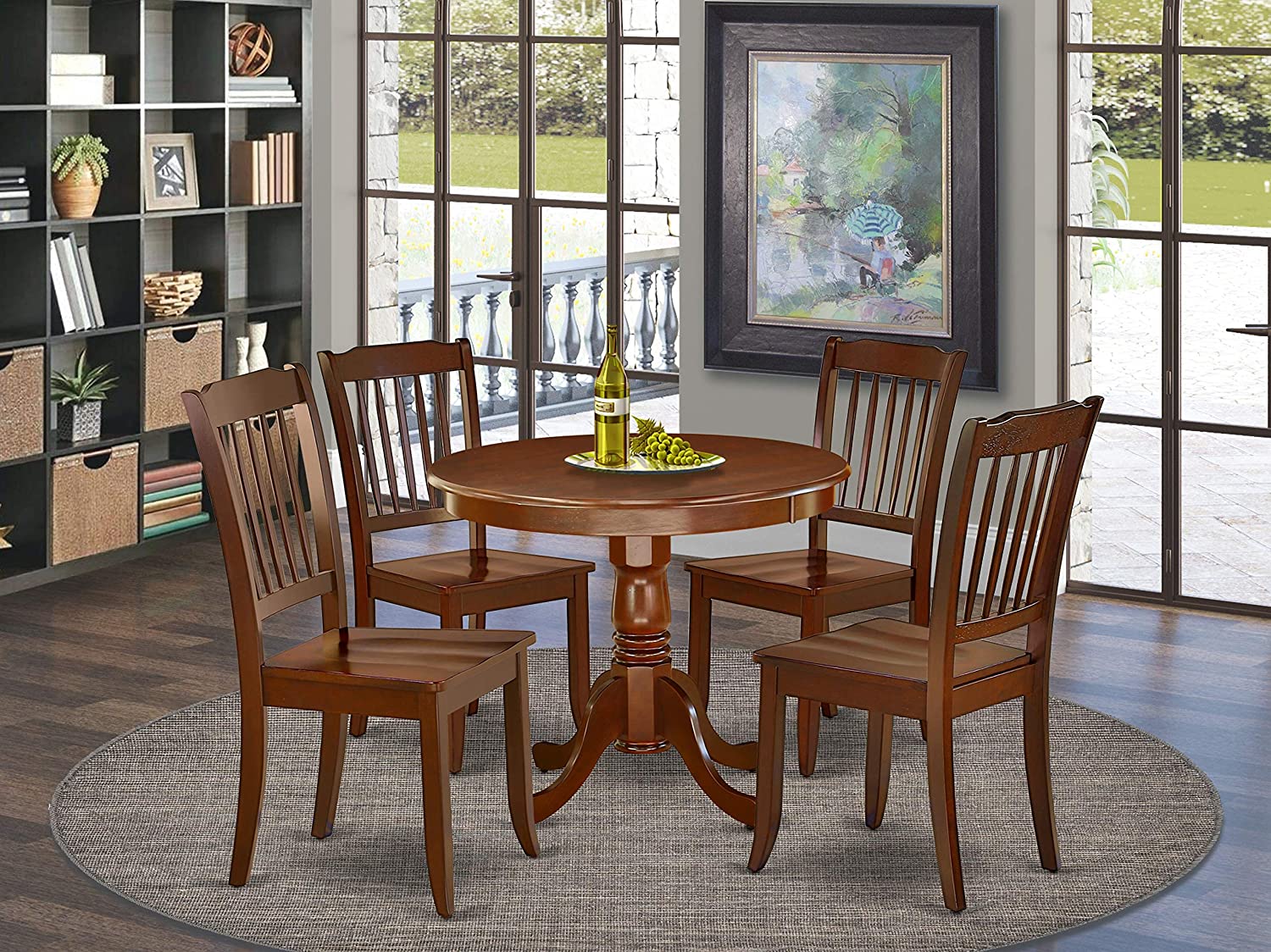 East West Furniture 5PC Round 36 inch Table and 4 vertical slatted Chairs, Mahogany