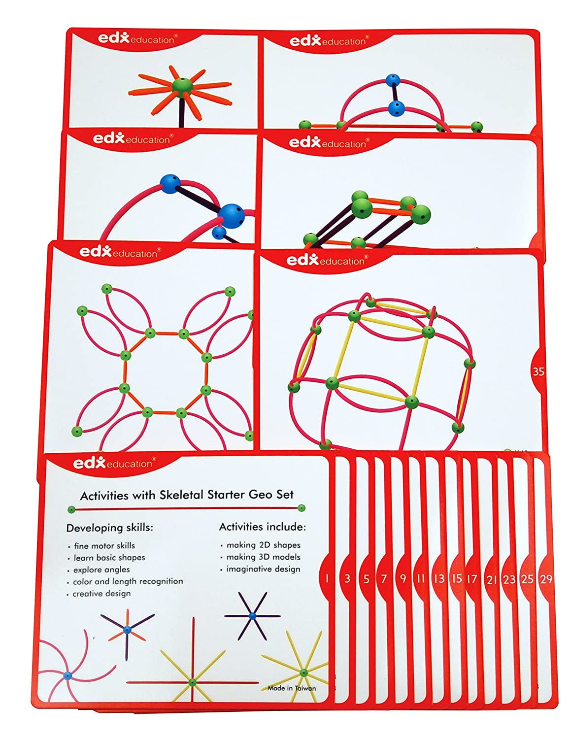 edxeducation Skeletal Starter Geo Set - 144 Multicolored Pieces - 20 Double-Sided Activity Cards - STEM Building Toy for Ages 3+ - Construct Geometric 2D and 3D Shapes