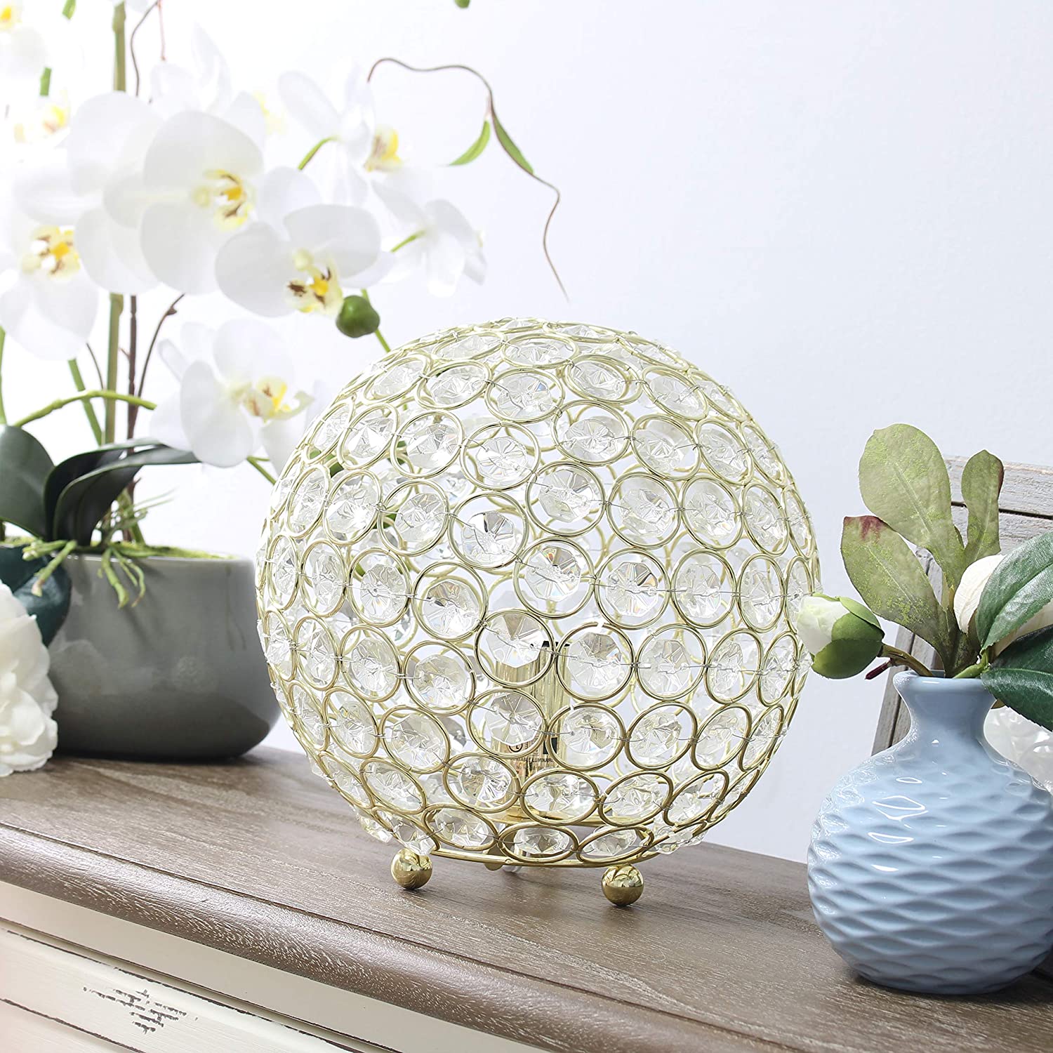Elegant Designs LT1026-WHT Elipse 8 Inch Crystal Ball Sequin Table Lamp, White