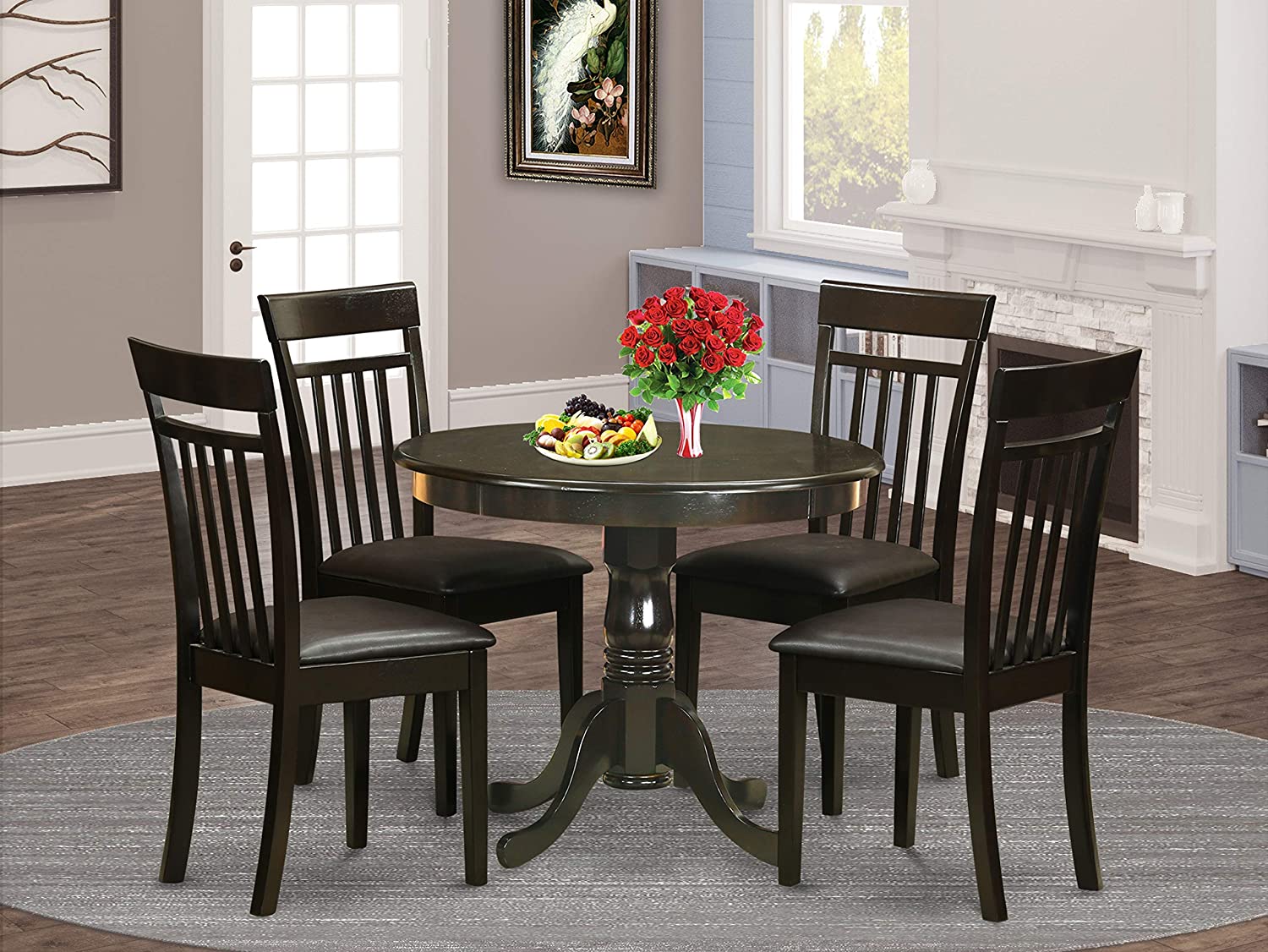 East West Furniture Wooden Dining Table Set- 4 Great Dining Room Chairs - A Lovely Round Dining Table- Faux Leather Seat and Cappuccino Finish Round Wooden Table