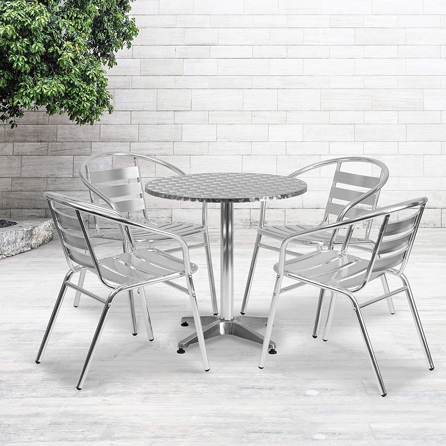 Flash Furniture 27.5&#39;&#39; Round Aluminum Indoor-Outdoor Table Set with 4 Slat Back Chairs