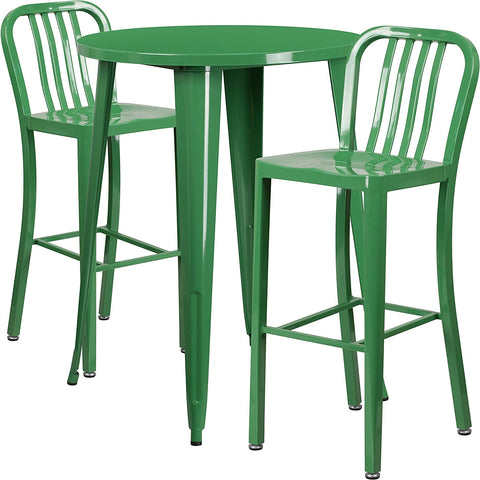 Flash Furniture Commercial Grade 30&#34; Round Green Metal Indoor-Outdoor Bar Table Set with 2 Vertical Slat Back Stools