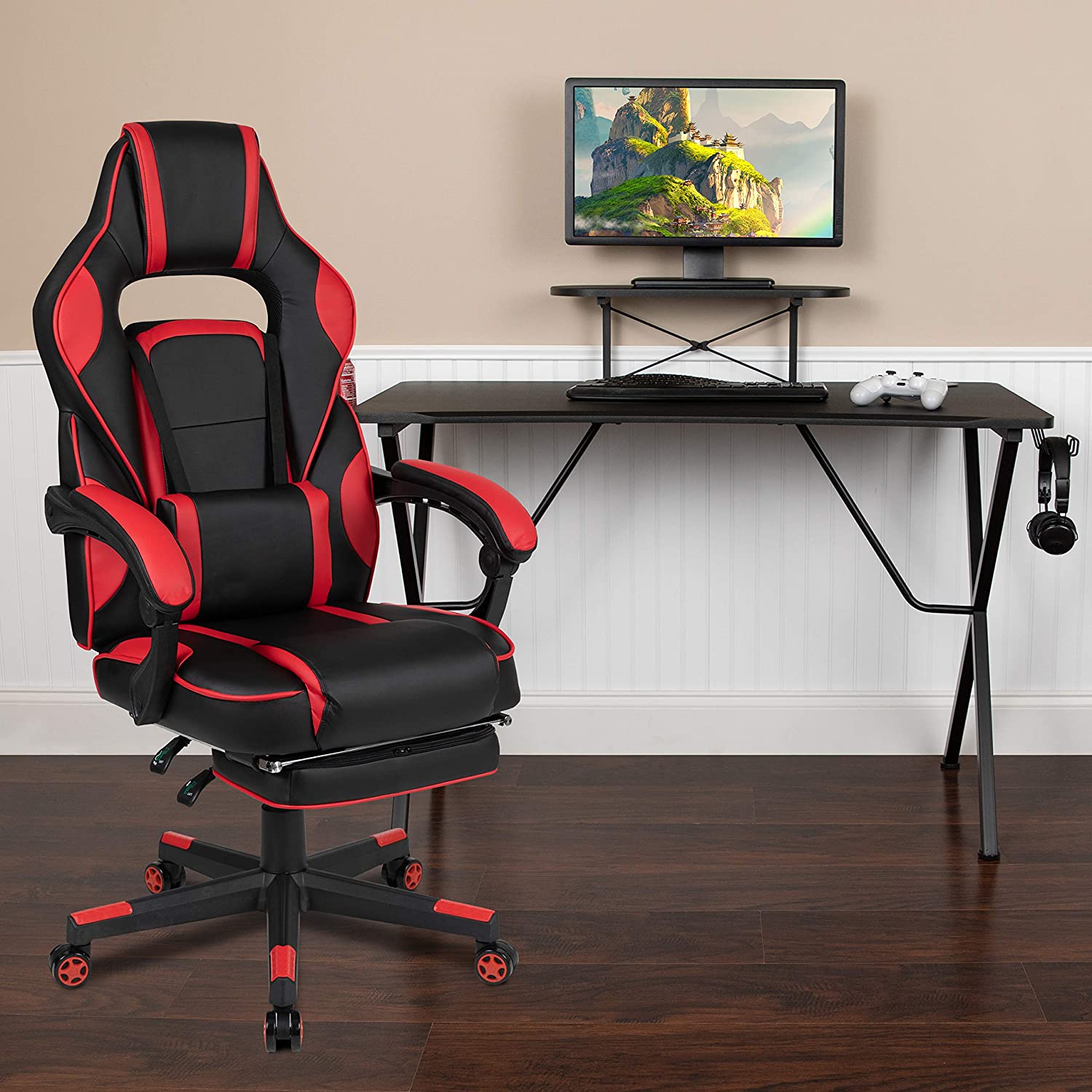 Flash Furniture Black Gaming Desk with Cup Holder/Headphone Hook/Monitor Stand & Red Reclining Back/Arms Gaming Chair with Footrest