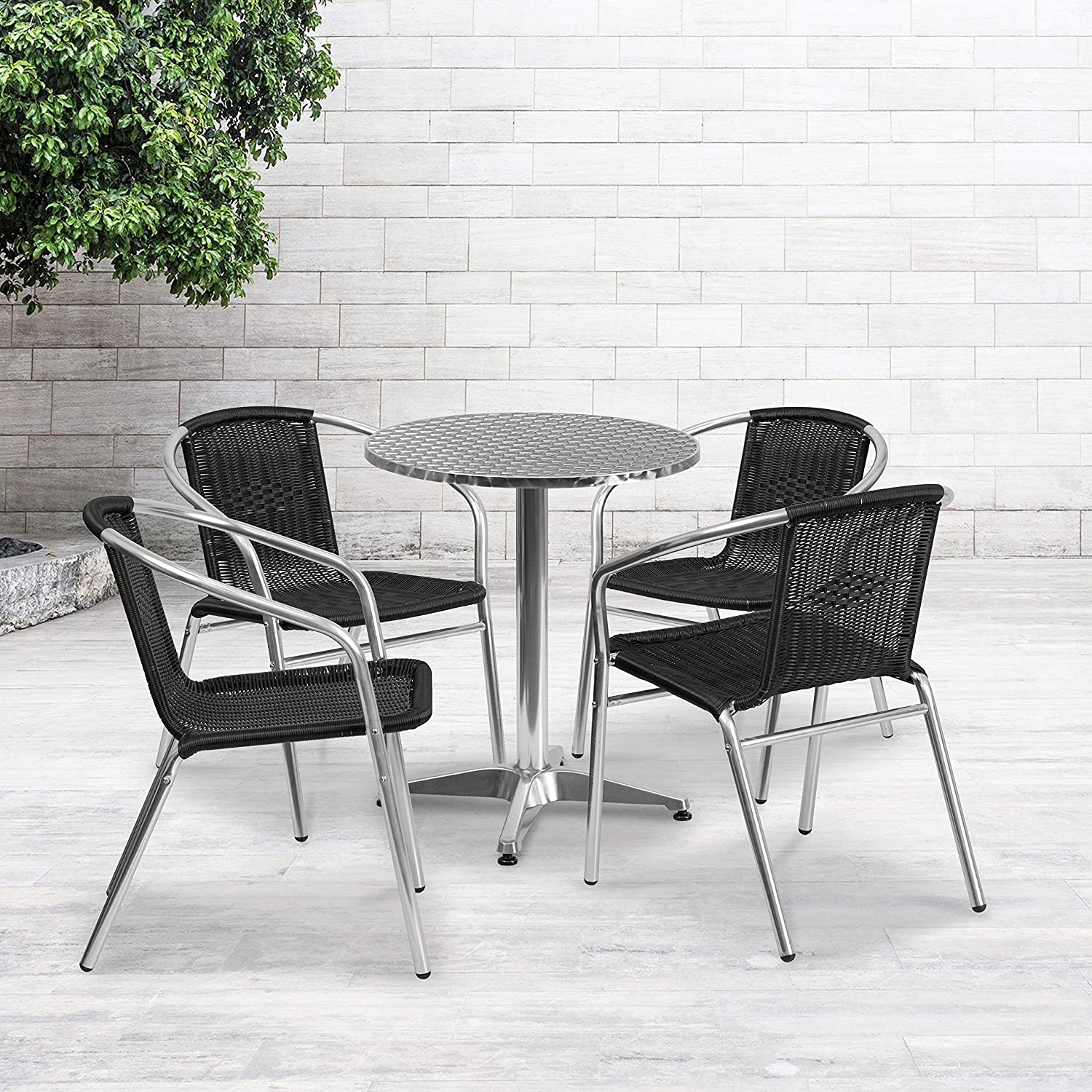 Flash Furniture 23.5&#39;&#39; Round Aluminum Indoor-Outdoor Table Set with 4 Dark Brown Rattan Chairs