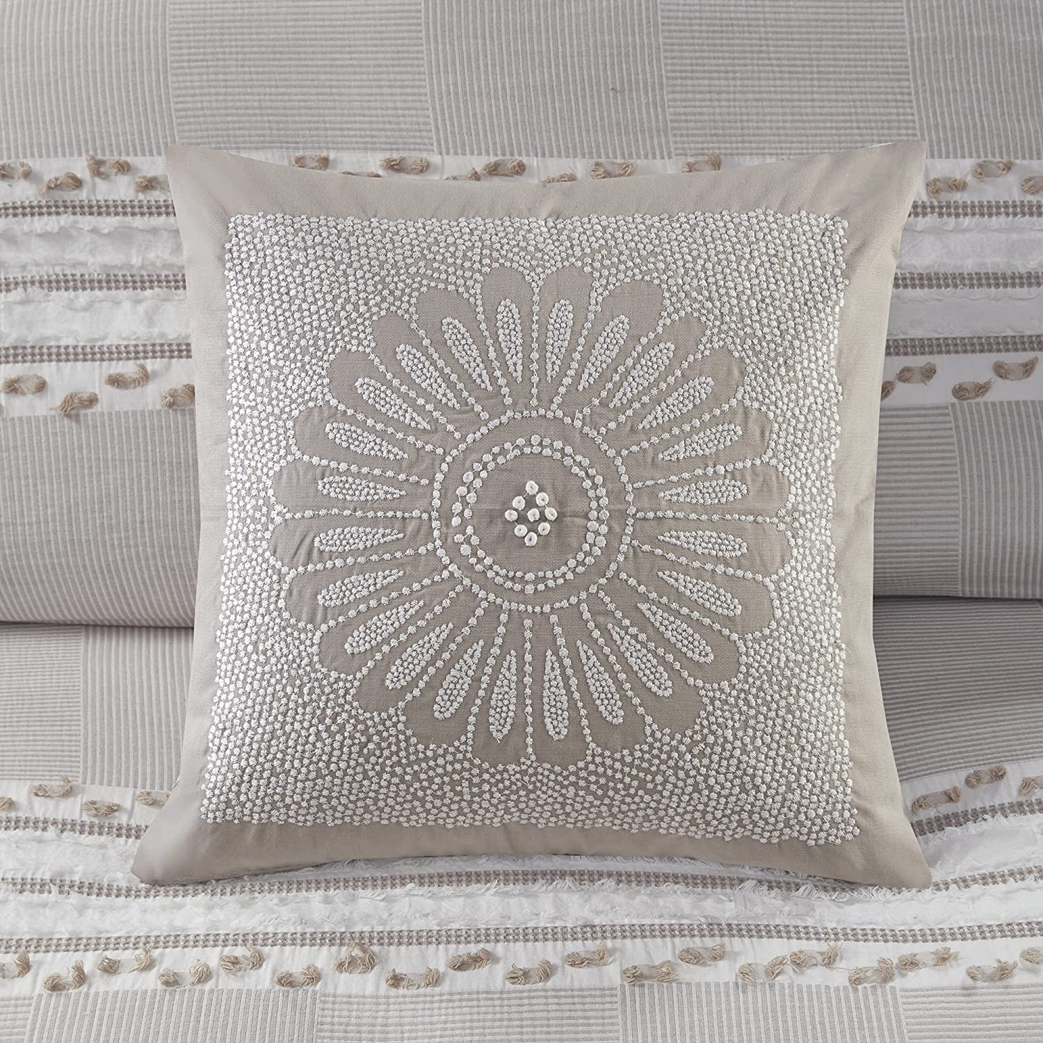INK+IVY Sofia Mid Century Modern Cotton Square Decorative Pillow Sofa Cushion Lumbar, Back Support, 20"x 20", Medallion Embroidery Taupe