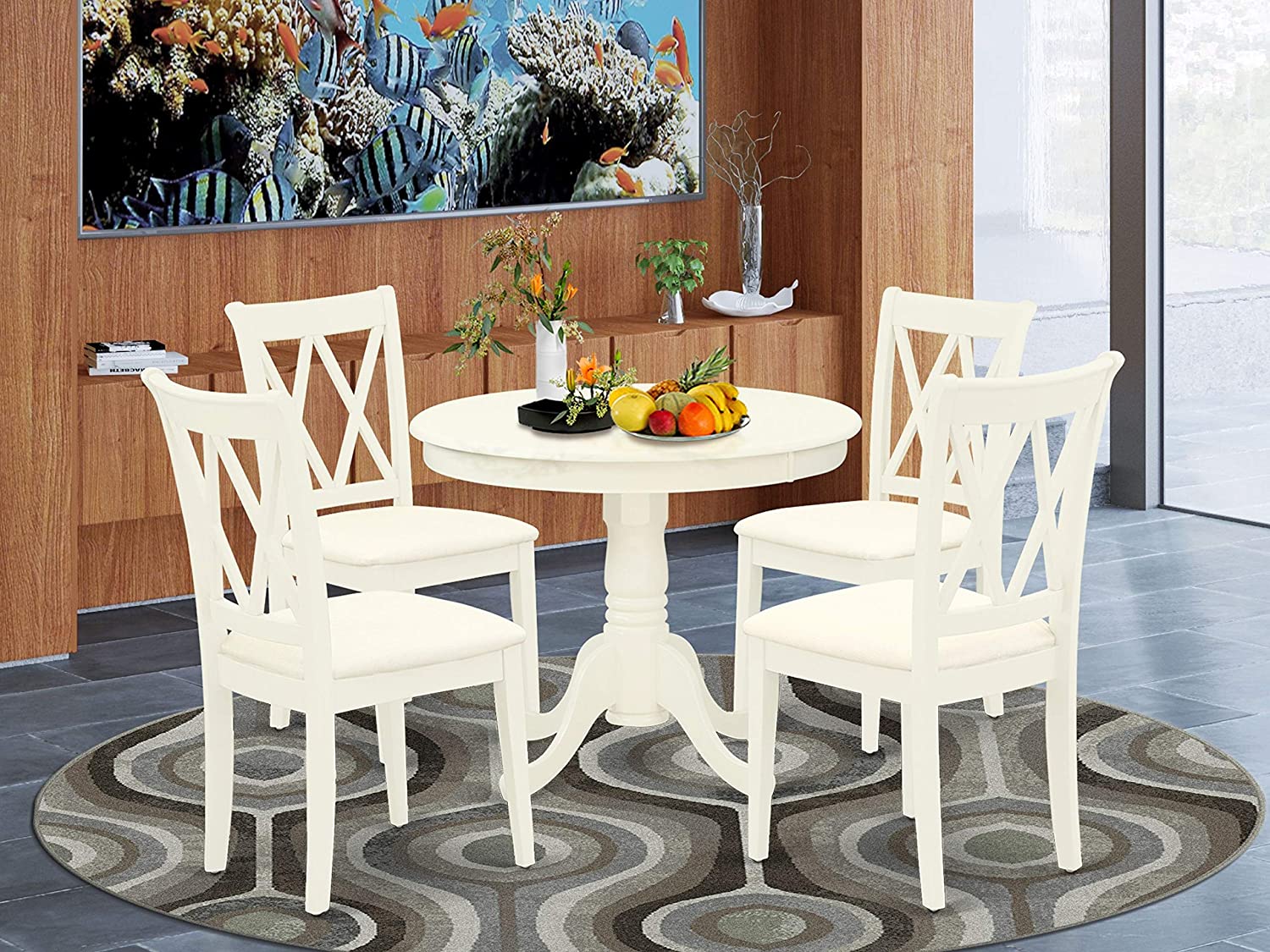 East West Furniture 5Pc Dining Set Includes a Round Dinette Table and Four Double X Back Microfiber Seat Kitchen Chairs, Linen White Finish