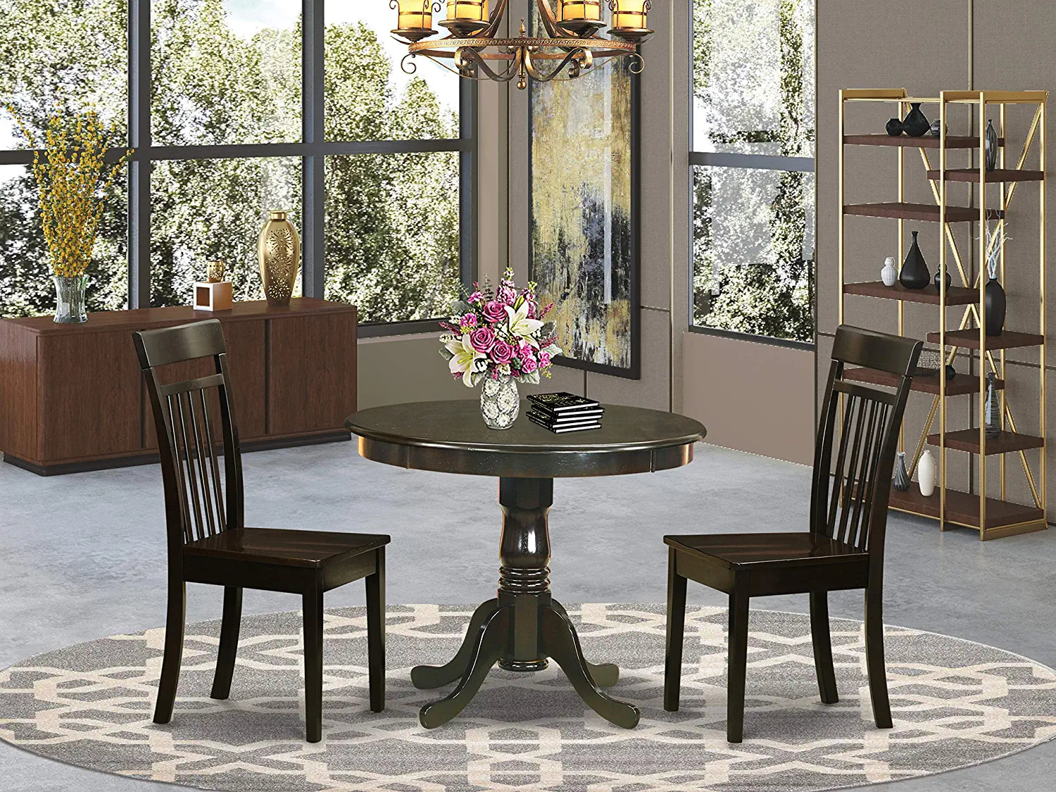 East West Furniture Kitchen Table Set- 4 Great dining room chairs - A Gorgeous Dinner Table- Wooden Seat and Cappuccino Wood Kitchen Table