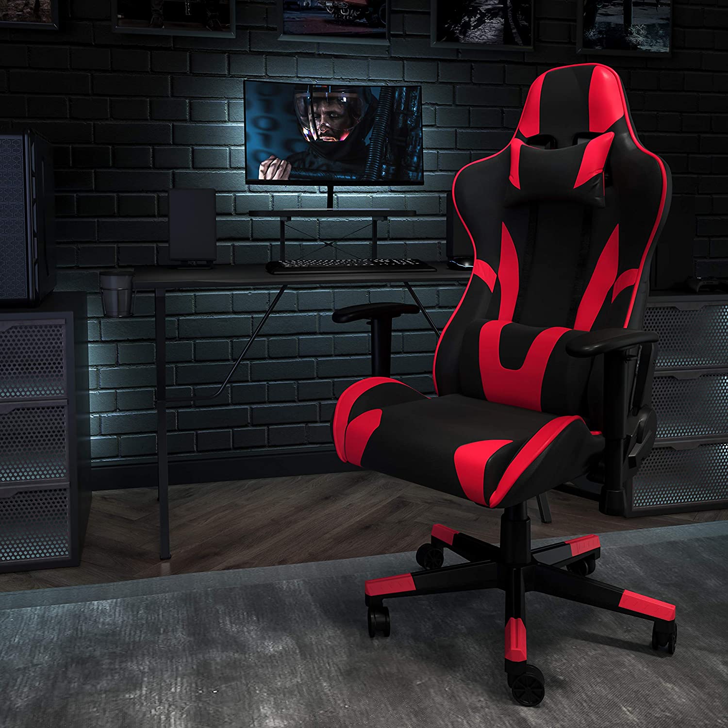 Flash Furniture Black Gaming Desk and Red/Black Reclining Gaming Chair Set with Cup Holder, Headphone Hook, and Monitor/Smartphone Stand