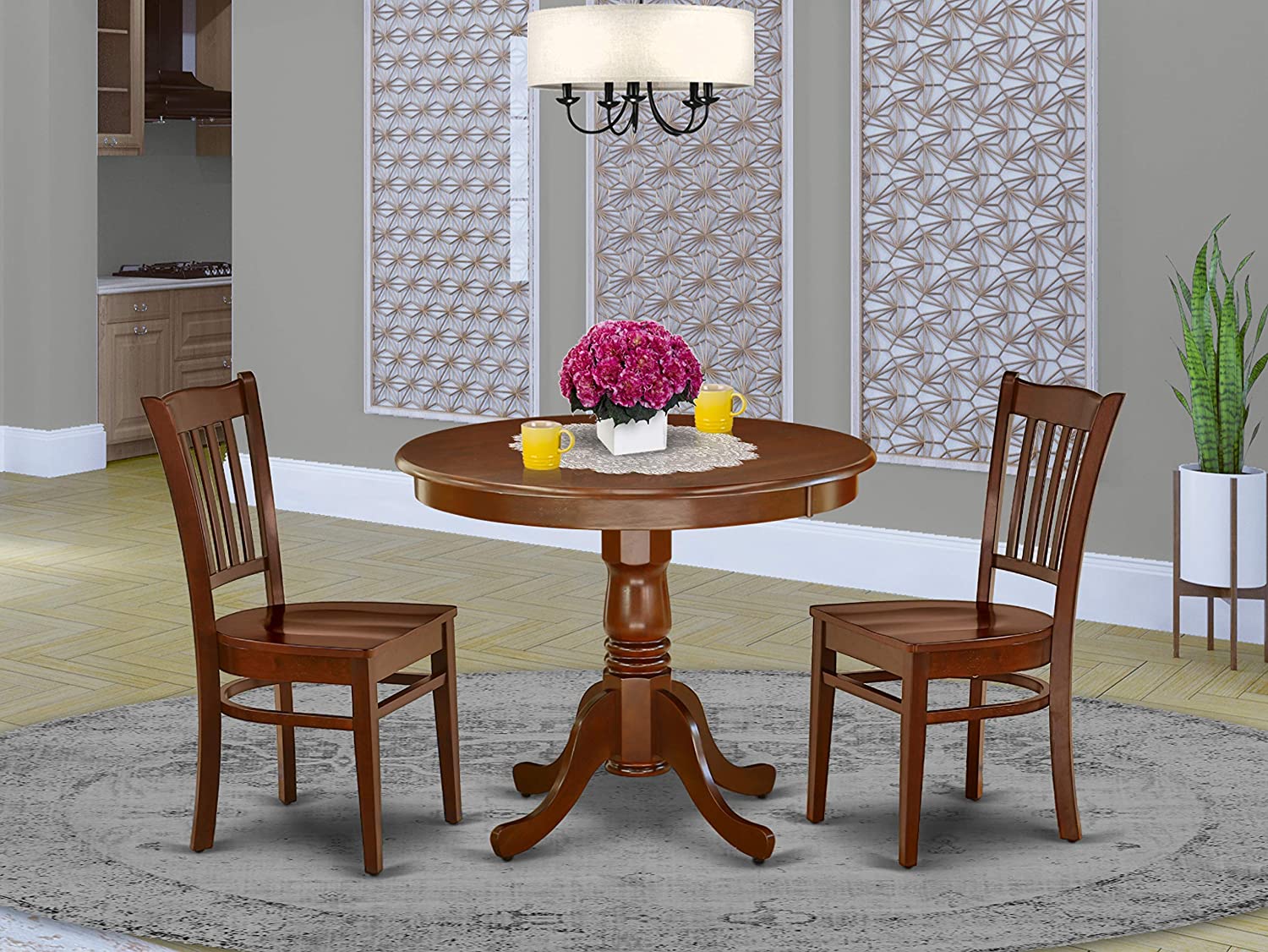East West Furniture ANGR5-LWH-W Modern Dining Table Set- 4 Excellent Chairs for Dining Room - A Gorgeous Pedestal Dining Table- Wooden Seat and Linen White Dining Table