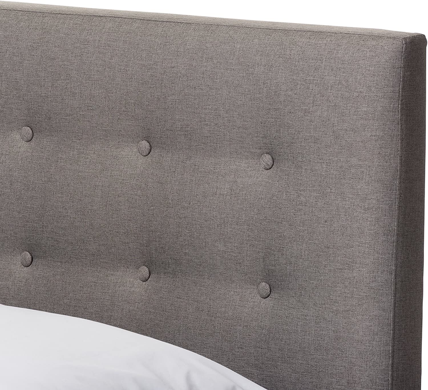 The Alinia full size fabric upholstered platform bed in grey has a beautiful walnut veneer finish that will bring a touch of elegance to your room. The large tapered headboard` with button-tufting design is the focal point to this bed` upholstered in fab